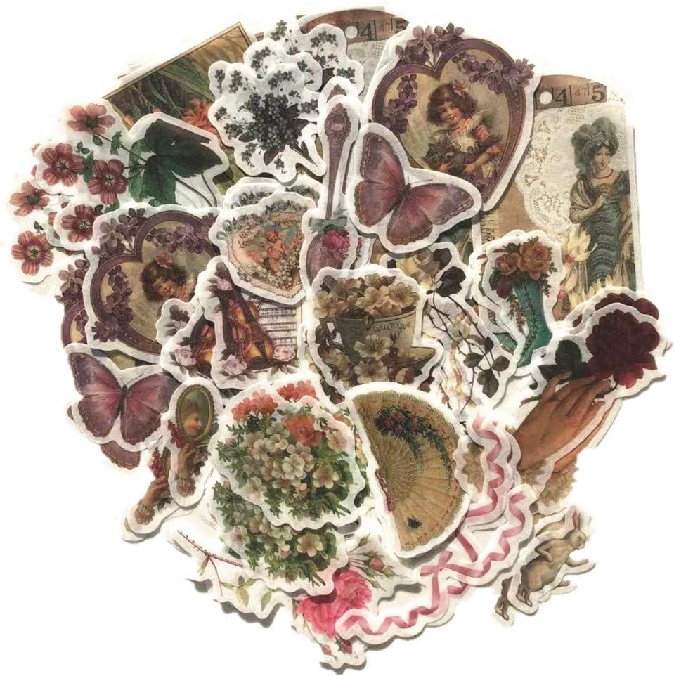 Vintage Fairy Tale Flower Washi Sticker Pack - Artsy Retro Decals with Assorted Butterfly, Floral, Lady Dowager Portraits (Fairy Fantasy Garden, 120 Pcs)