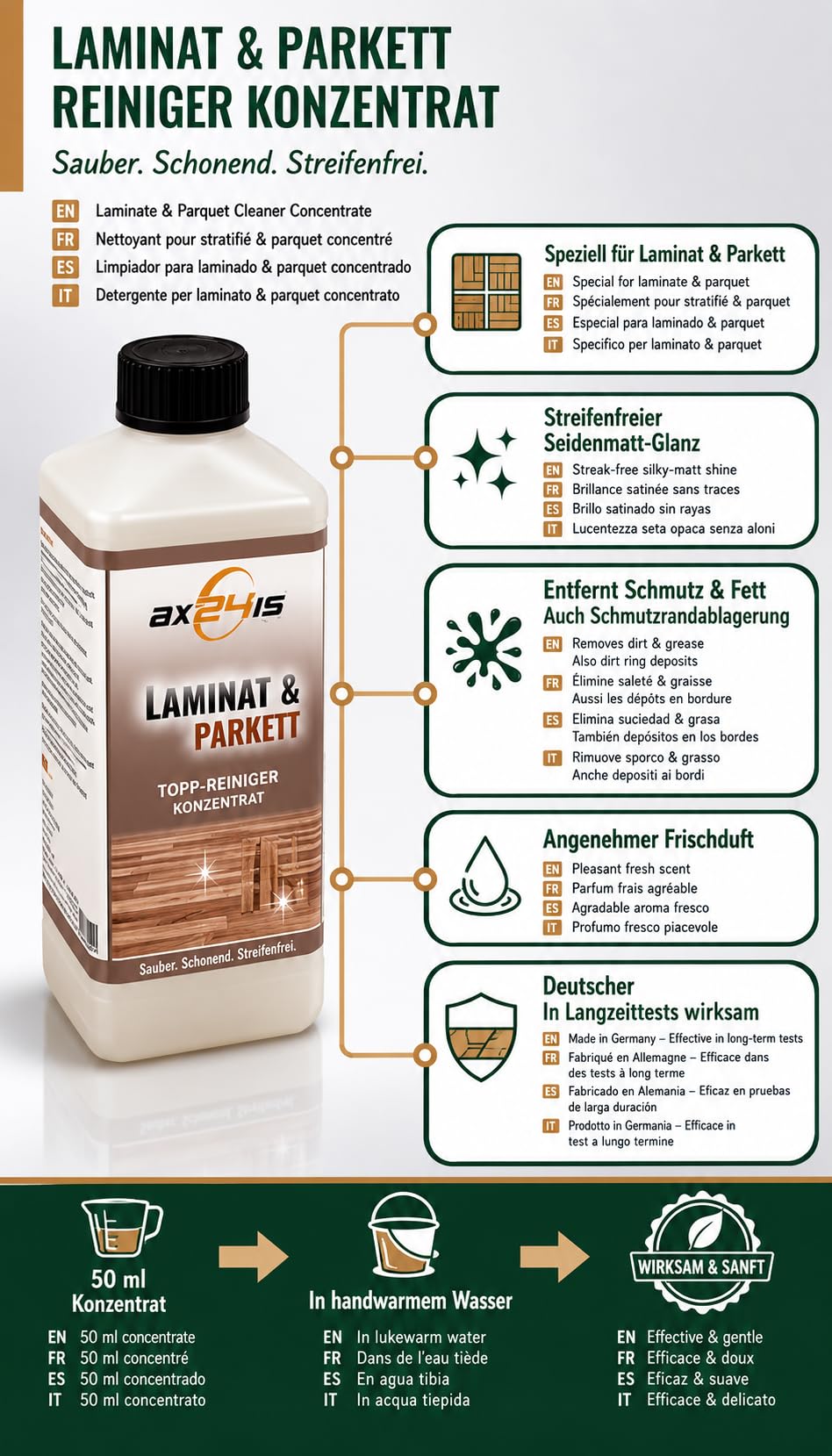 Limpiador de Suelos y Parqué Concentrado de 5 Litros para Laminado | Fórmula alemana de limpieza sin rayas y aroma fresco. Ideal para el cuidado profesional de superficies de madera o laminadas.
