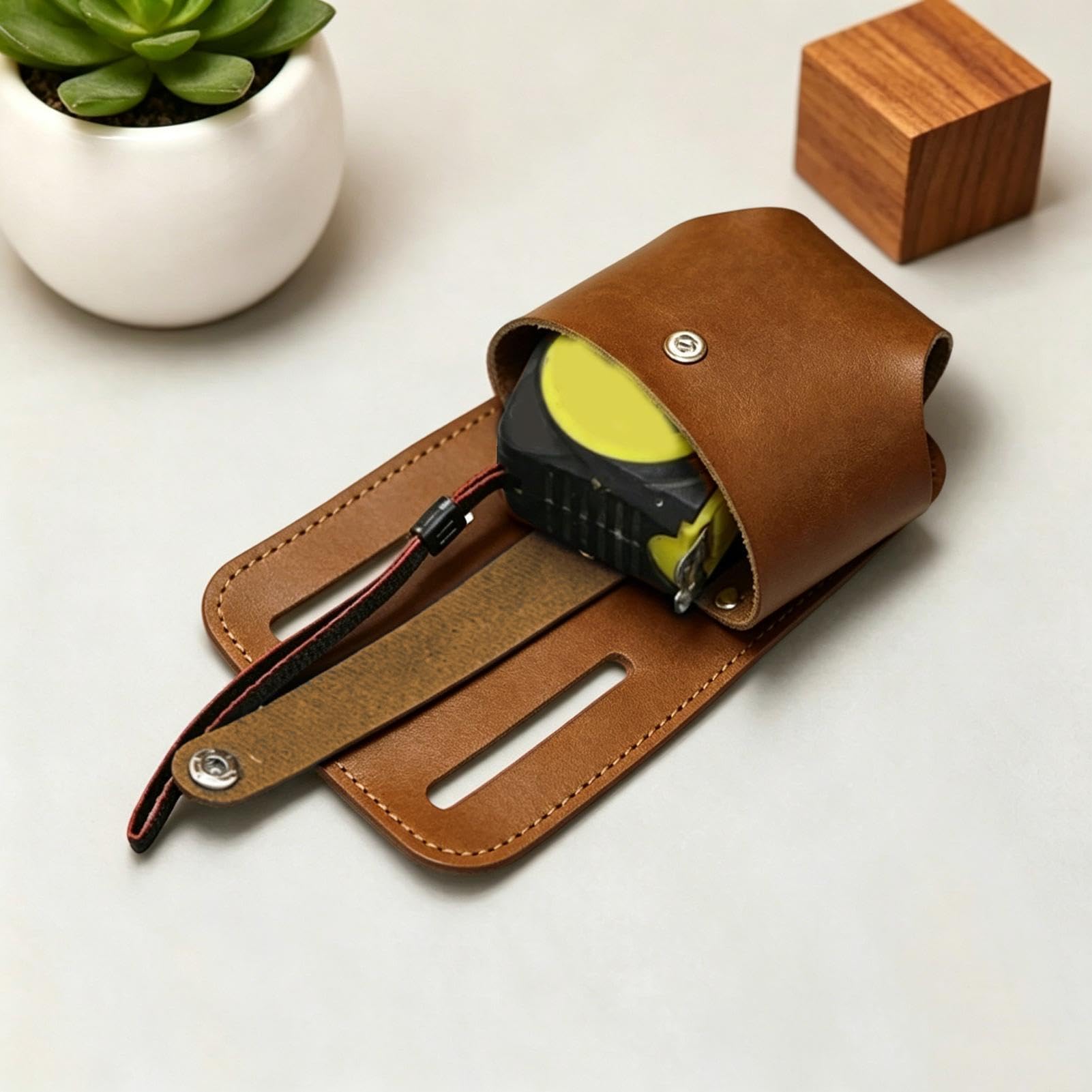 Soporte de cinta de cuero, bolsa de herramientas de bolsillo portátil, estuche compacto con clip para cinturón, soportes de cinta de cuero resistente, almacenamiento de herramientas con diseño seguro