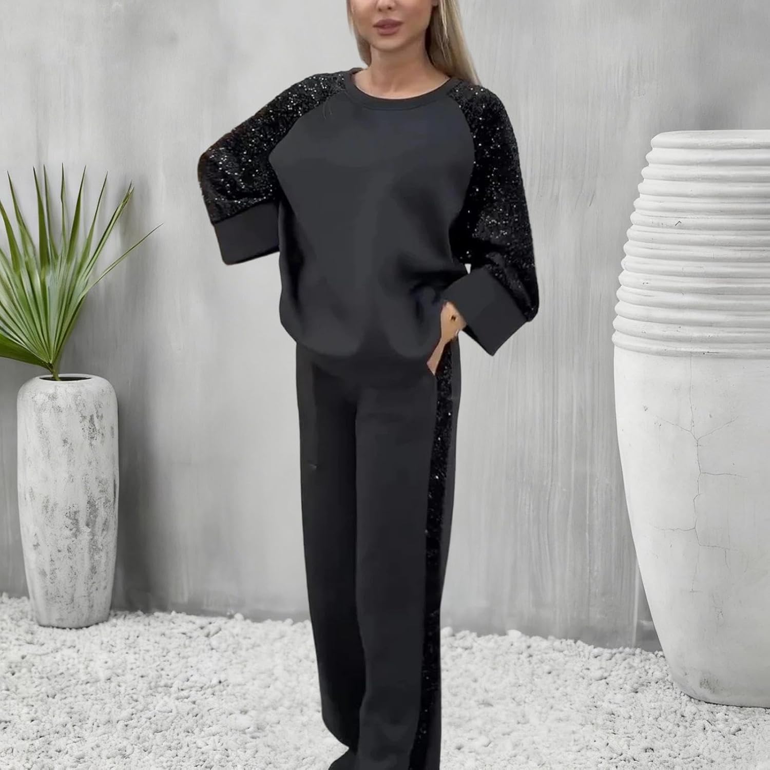 Sweatshirt Sets for Women - 2 Piece Sequin - Shiny Sweatshirt and Pants Casual Tracksuit Outfits | for Sports