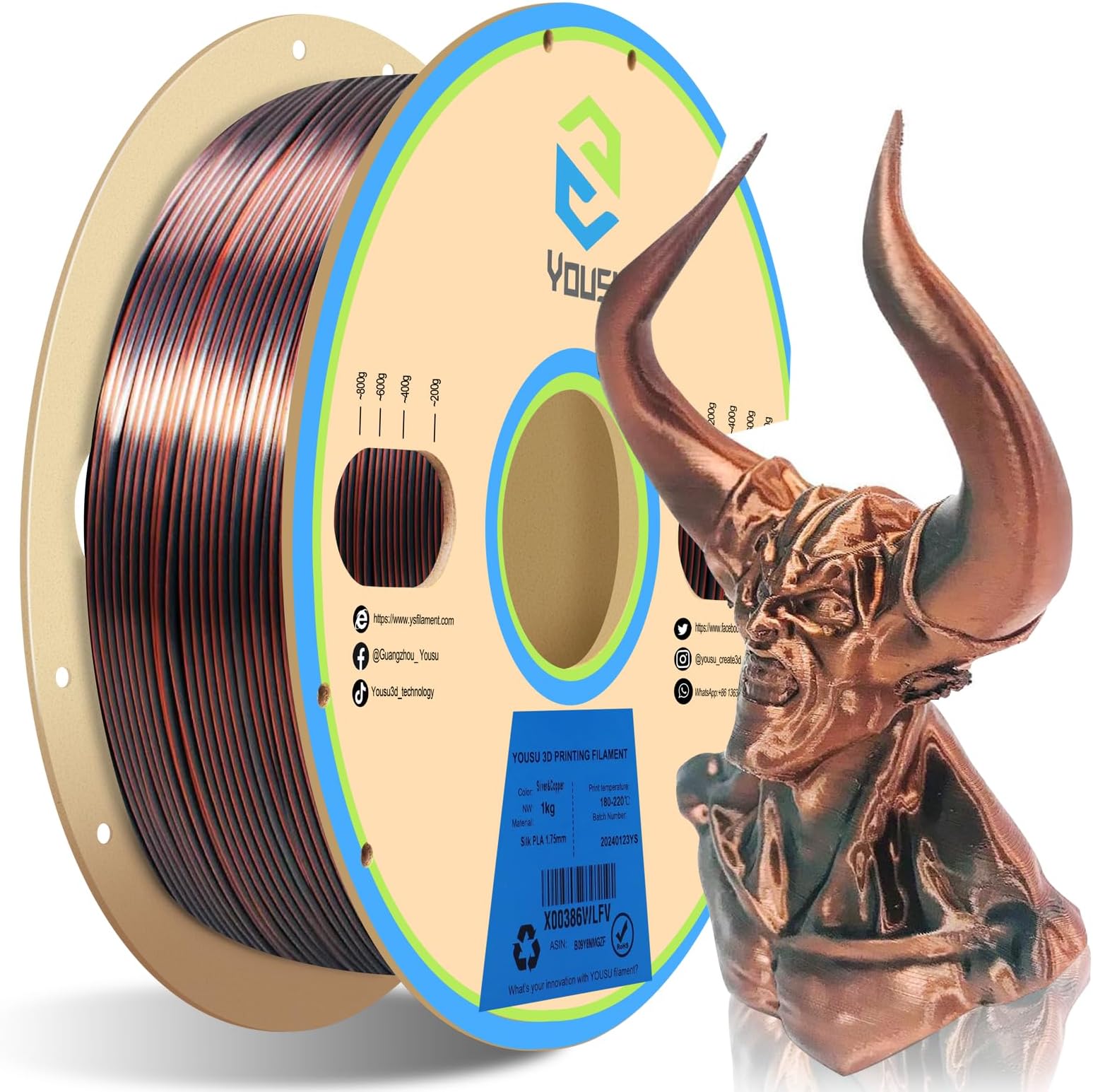 Dual Color Silk PLA Filament,Shiny Silk Silver Copper 3D Printer Filament 1.75mm, Dimensional Accuracy +/- 0.03mm, Compatible with Most of 3D Printer 1KG Spool (2.2 LBS)