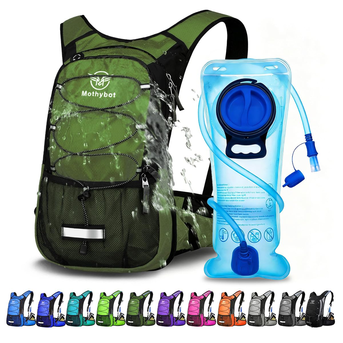 Mothybot Hydration Pack, Insulated Hydration Backpack with 2L BPA Free Water Bladder and Storage, Hiking Backpack for Men, Women, Kids for Running,
