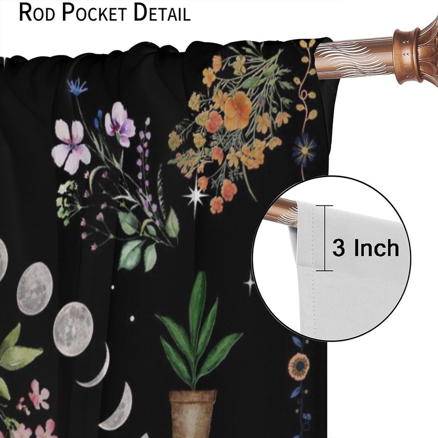 Moon Flower Bedroom Curtains, Natural Plant Phase Moon Moonlight Bohemian Natural Print Living Room Blackout Curtains 2 Panel Rod Pocket 42x45 Inch