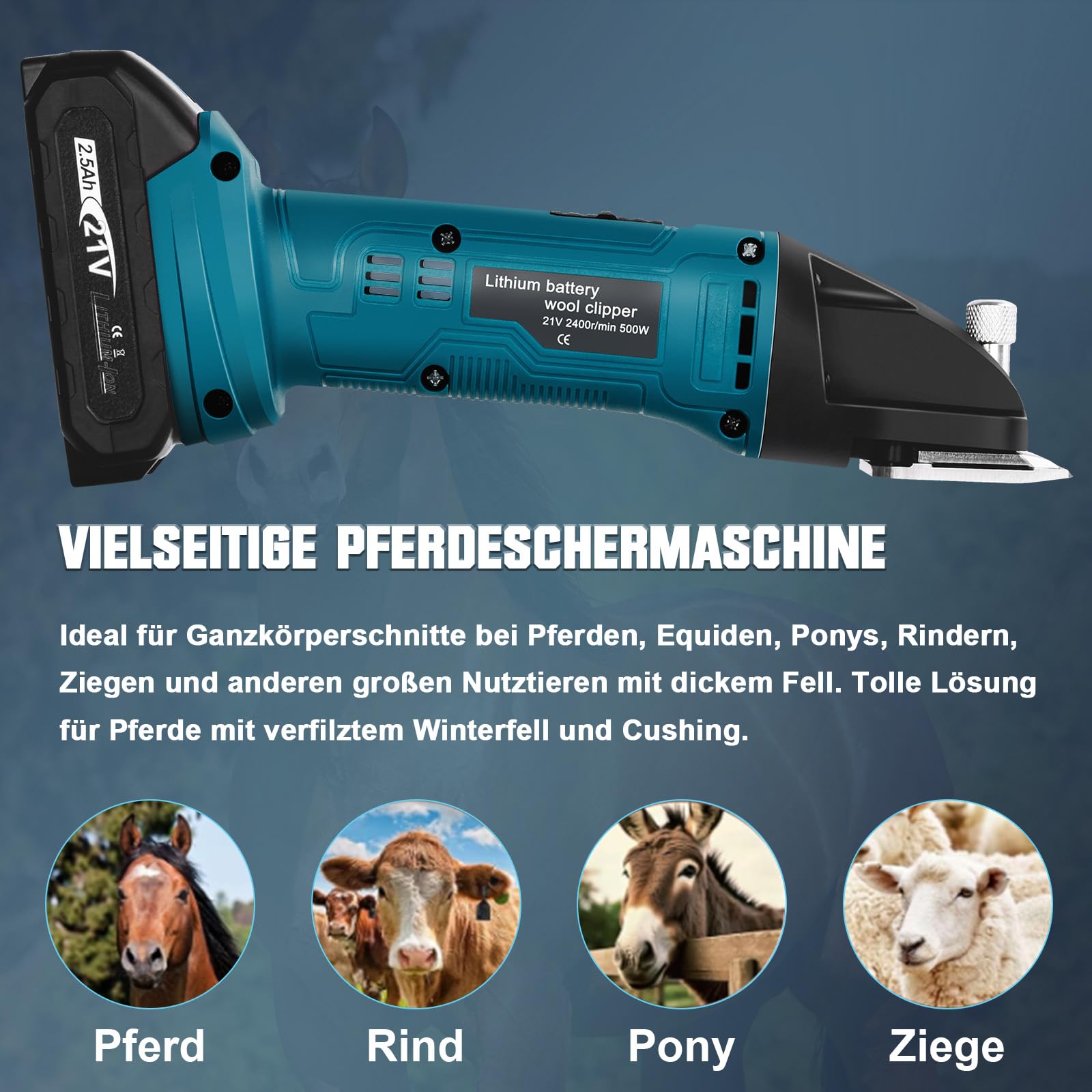 Schermaschine Pferde Akku, 500W Kabelloses Pferdeschermaschine Mit 2x2500mAh Akkus, 6 Geschwindigkeiten Professionelle Schermaschine für Pferde Dickes & Verfilztes Haar Kompatibel mit Makita 18V Akku