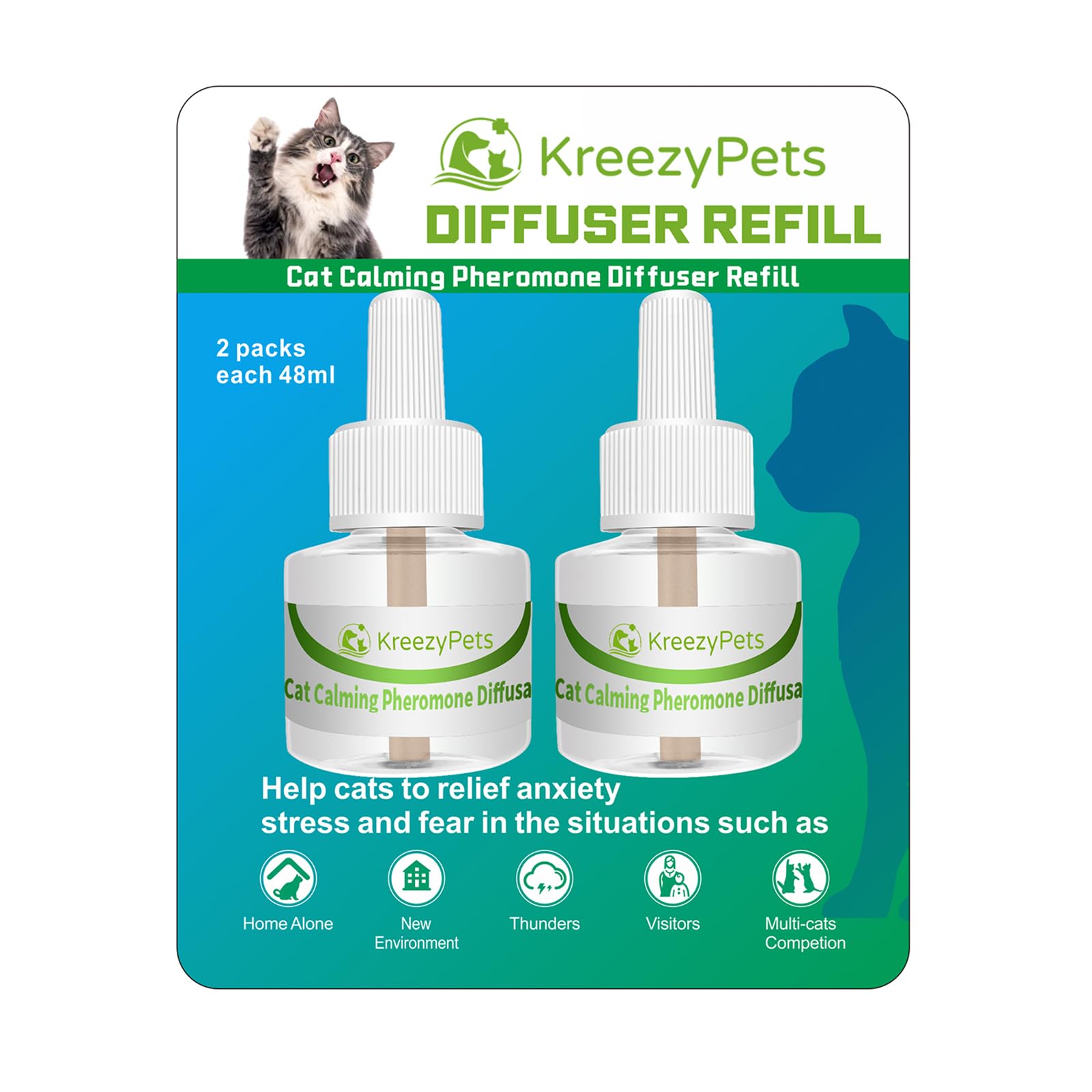 KreezyPets Recambio difusor calmante para gatos, paquete de 2 feromonas calmantes ayudan a los gatos a relajarse y aliviar la ansiedad, duran 60 días