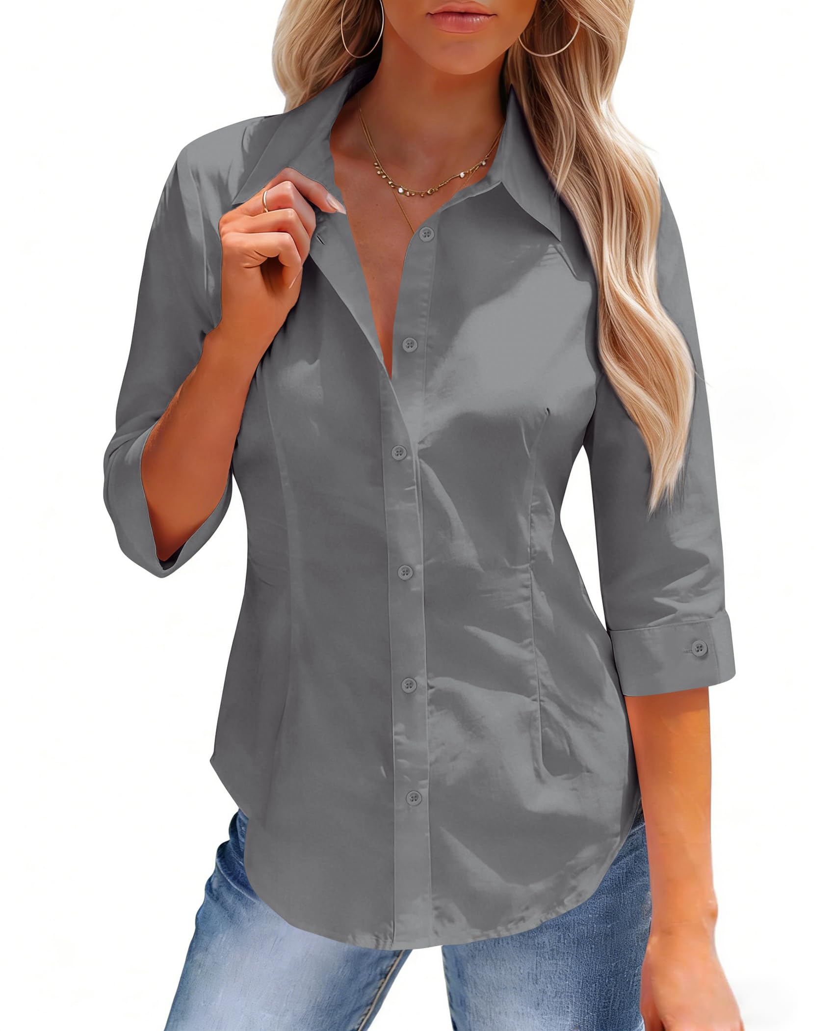 Photo 1 of siliteelon Button Down Shirts for Women: Slim Fit Stain Shield 3/4 Sleeve Dress Shirt Formal Work Button Up Blouses Dark Grey S