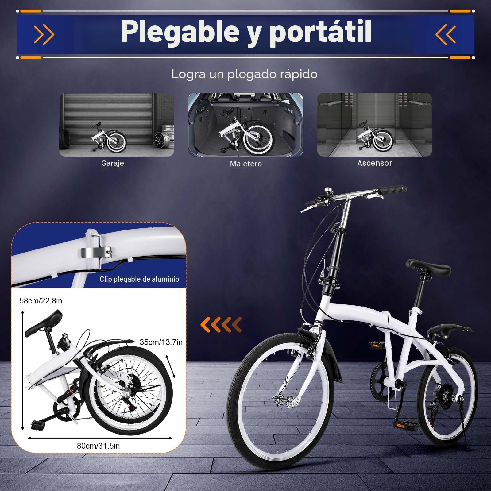Bicicleta plegable 20 pulgadas, color blanco, 6 marchas, asiento y manillar ajustables, plegado rápido, 90 kg