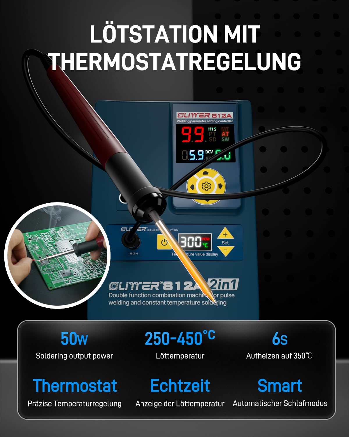 GLITTER 812A 2-in-1 Batterie-Punktschweißgerät und Lötstation, 14500W, 2500A, mit AT/MT-Modus, Schwenkarm und Fußpedal, für LiFePO4 LFP Lithium-Batterien
