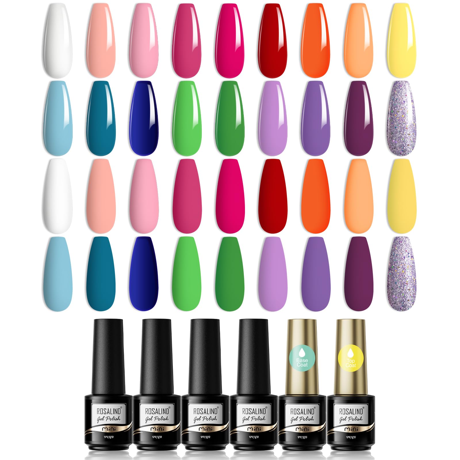 ROSALIND Esmaltes Semipermanentes 20Pcs, 18 Colores Esmaltes Permanentes Para Uñas Orange Rosa Rojo Azul Violeta Pintauñas Semipermanente Kit, Set Manicura Semipermanente con Base y Top Coat UV