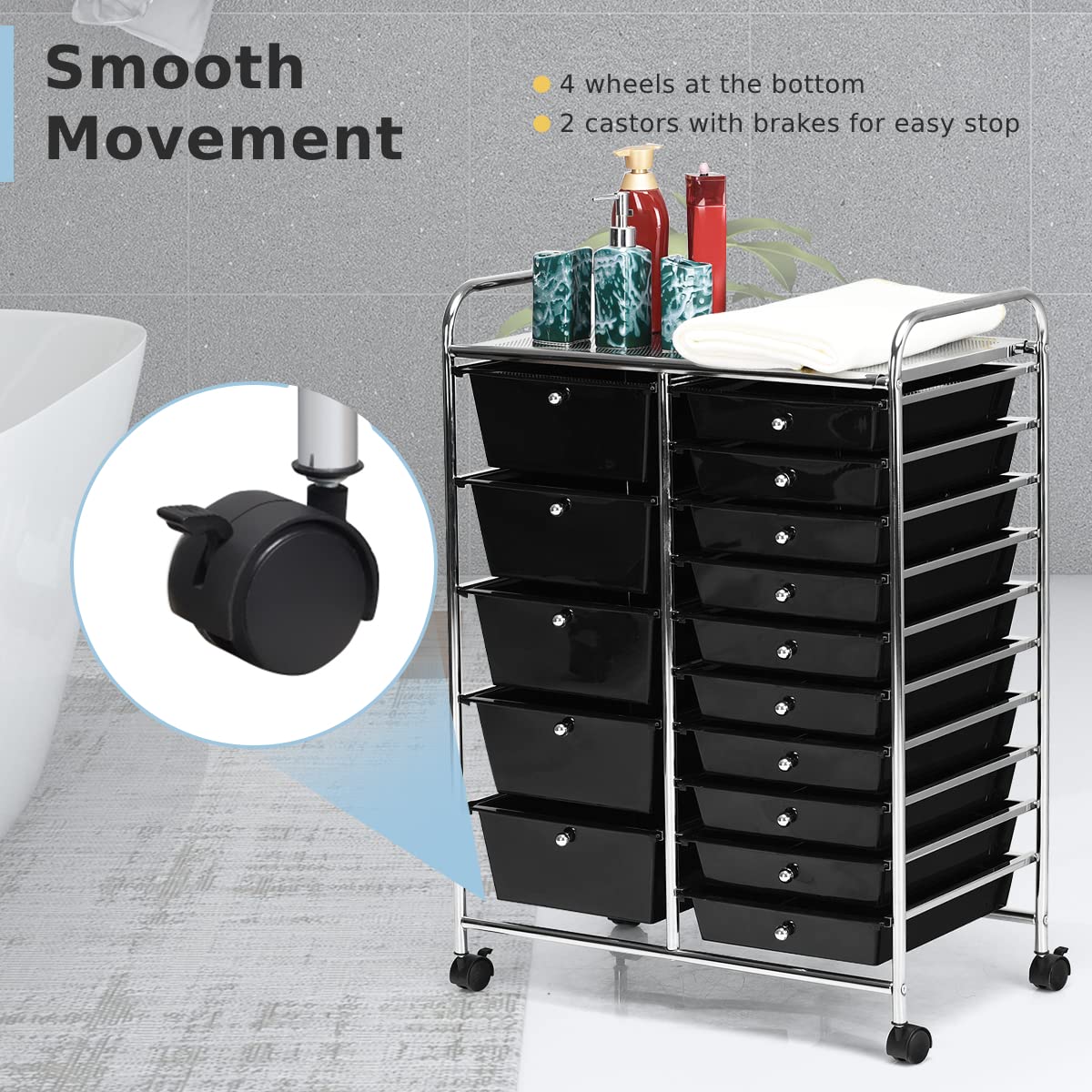 Carrito de almacenamiento de 15 cajones con ruedas bloqueables, organizador móvil multiusos para el hogar, oficina, papelería, belleza y salón de belleza, carrito rodante (negro)