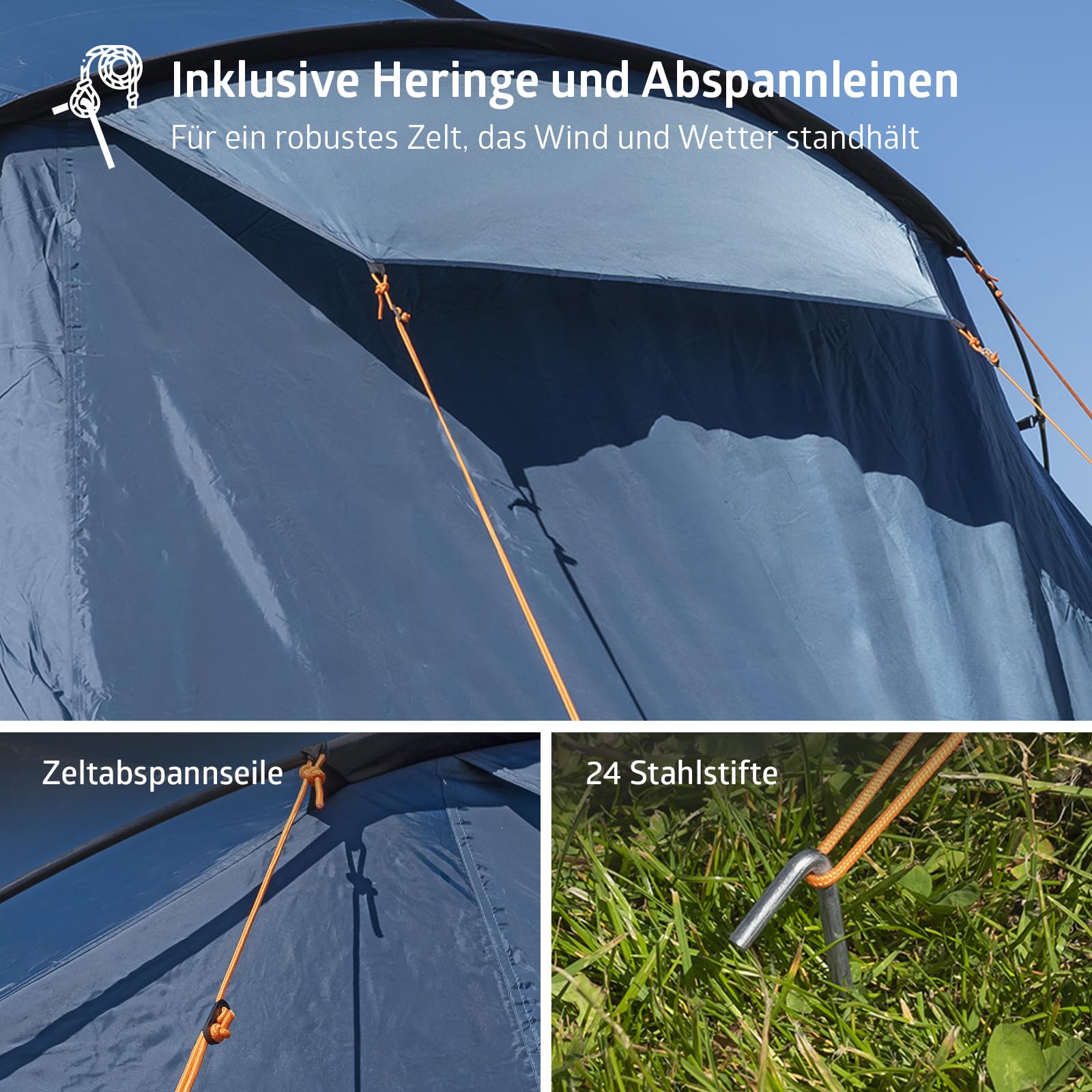 Campout 6-Personen Vis-à-Vis Kuppelzelt – 2 Schlafkabinen – 5000 mm Wassersäule – Wohnbereich – Aufbauzeit 15 Min – inkl. Vordachstangen, Heringen & Tragetasche