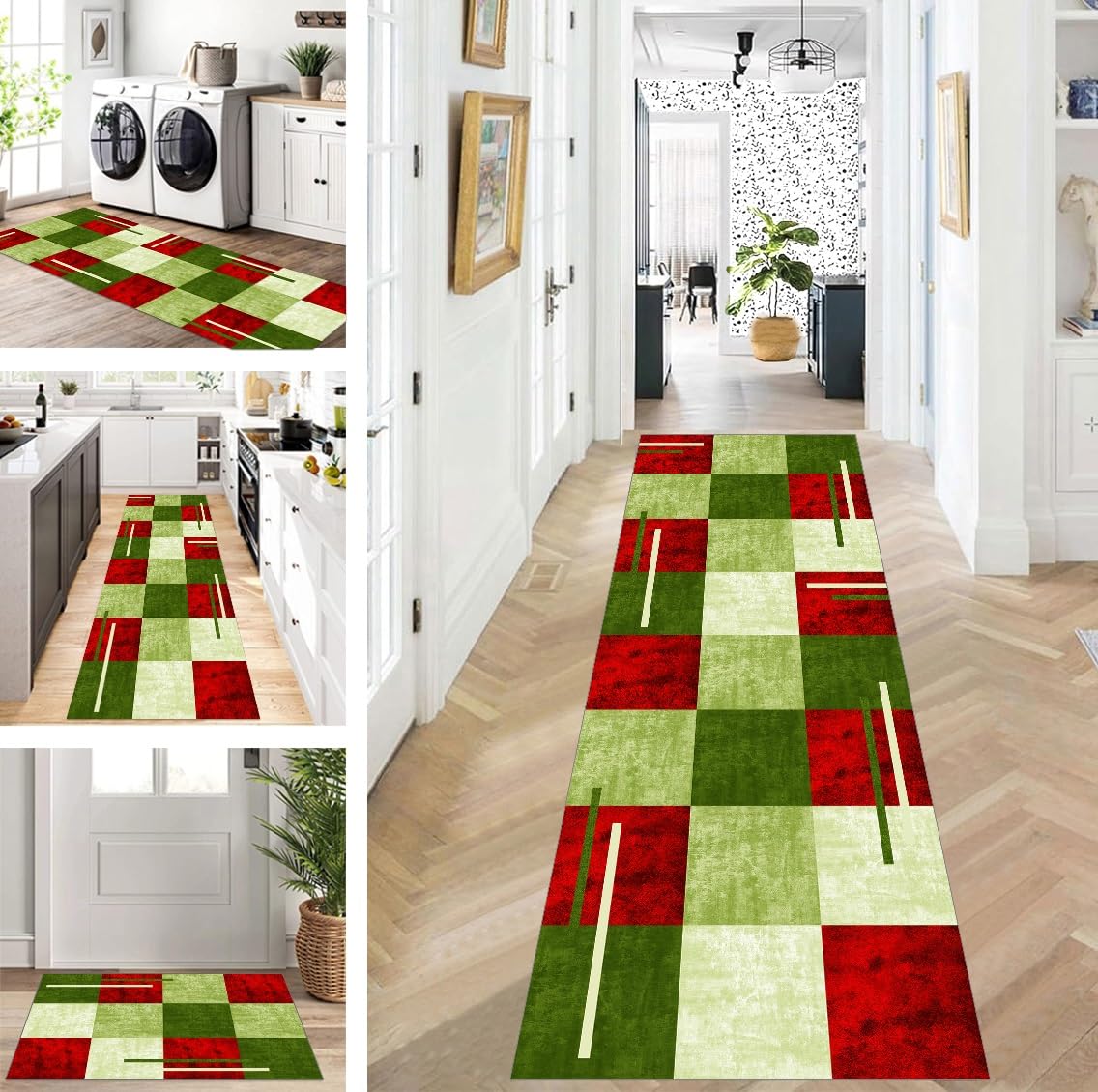 Teppich Läufer Lang Rot Grün Flur Küche rutschfest waschbar Teppichmatten Modern Design Küchenläufer 80X160cm Küchenteppich Meterware Esszimmer Schlafzimmer Wohnzimmer Schmutzfangmatte