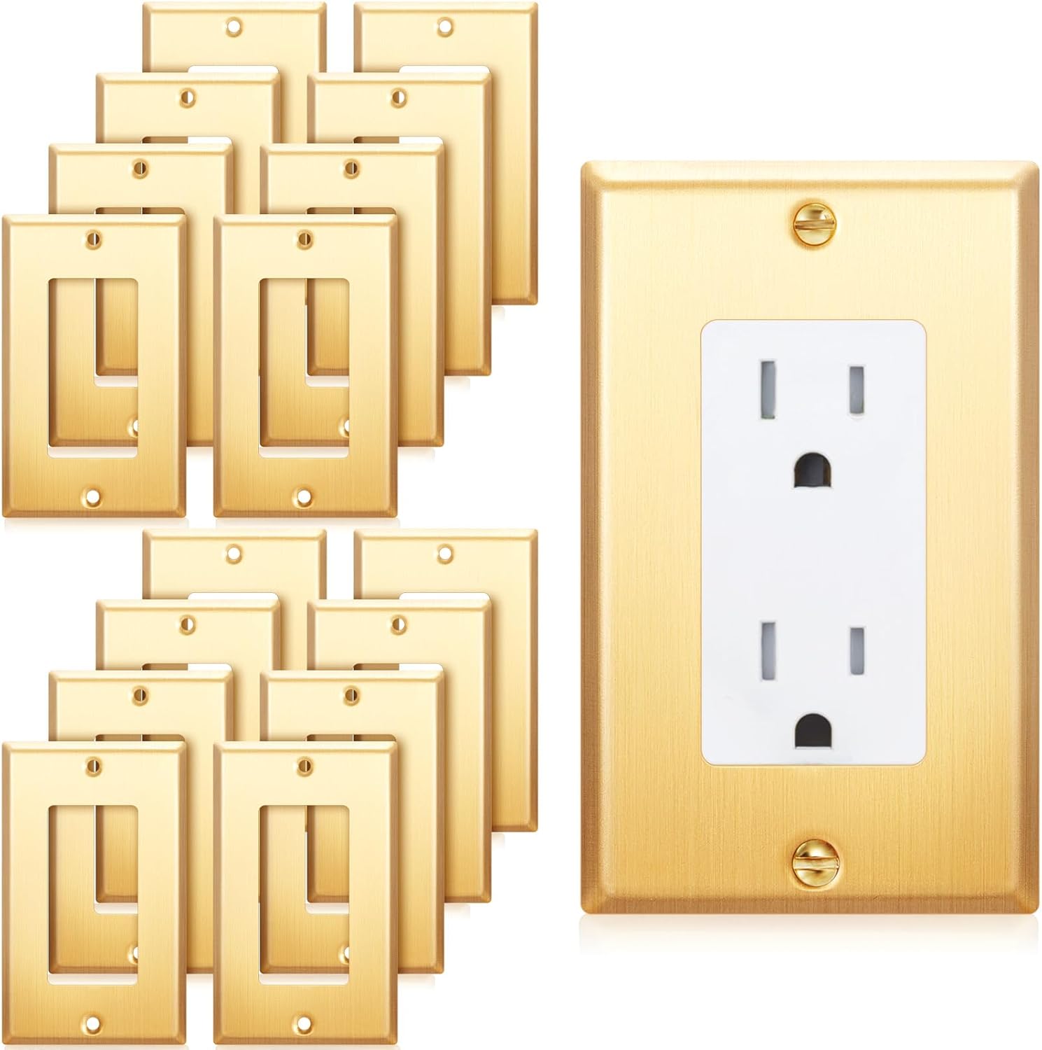 Zonon 16 Pack Gold Outlet Covers 4.50" x 2.76" Single Receptacle Wall Plate Rocker Covers Brass Metal Brushed Decorative Gold Receptacle Wall Plate Corrosion Resistant, Standard Size, Brushed Brass