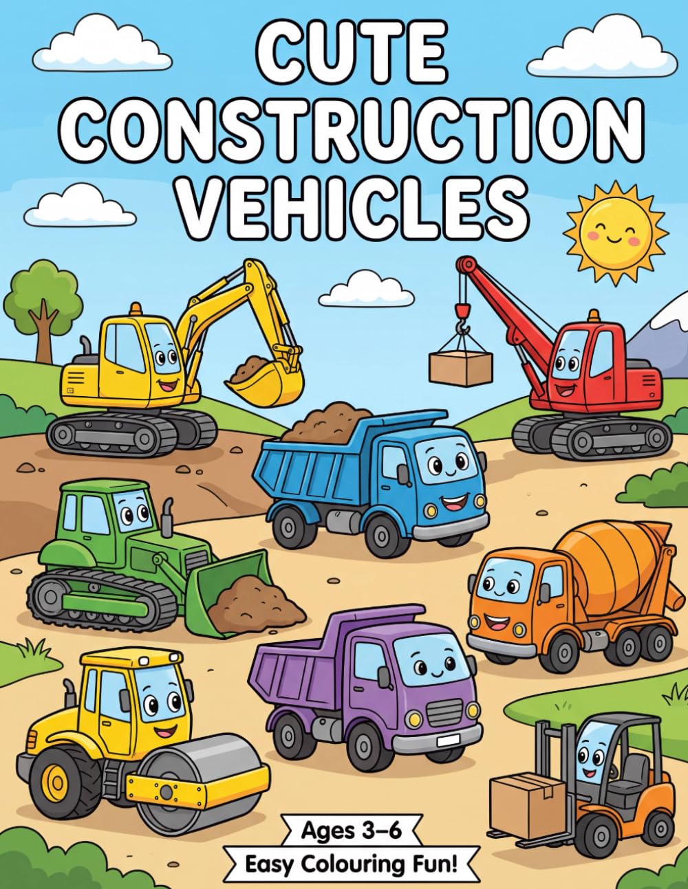 Cute Construction Vehicles: Fun and Easy Coloring Book for Kids Ages 3–6