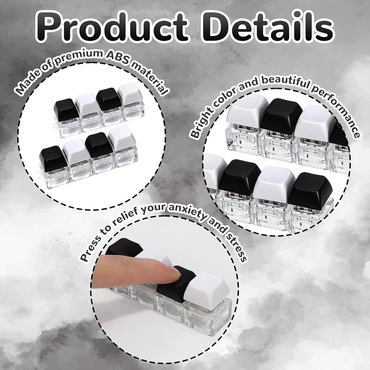 2 PCS Keyboard Fidget Toy, 4-in-1 Keyboard Button Clicker Keychain, Push Bubble Sensory Fidget Toys for Kids Adults to Relief Pass Time (Black White) image 5