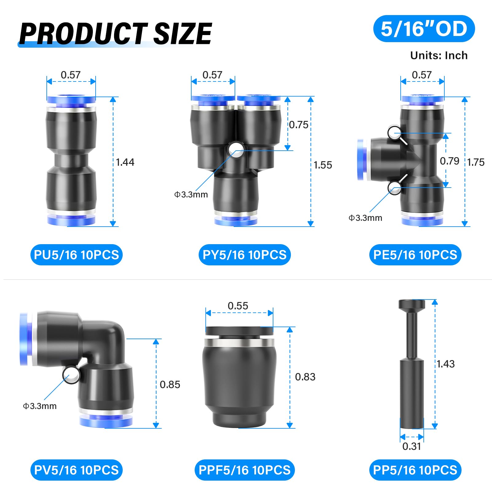 TAILONZ PNEUMATIC 5/16 Inch od Push to Connect Raccordi Pneumatici Raccordi Kit 10 Spliter+10 Gomiti+10 Tee+10 Diritti+10 PPF+10 PP (60 pz)