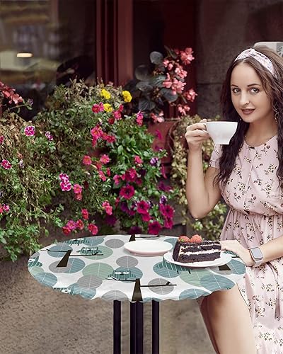 Miniatura 4 de Mantel redondo de 55 a 60 pulgadas, mantel redondo de vinilo ajustable con borde elástico para fiestas al aire libre, hojas densas y bonitos búhos