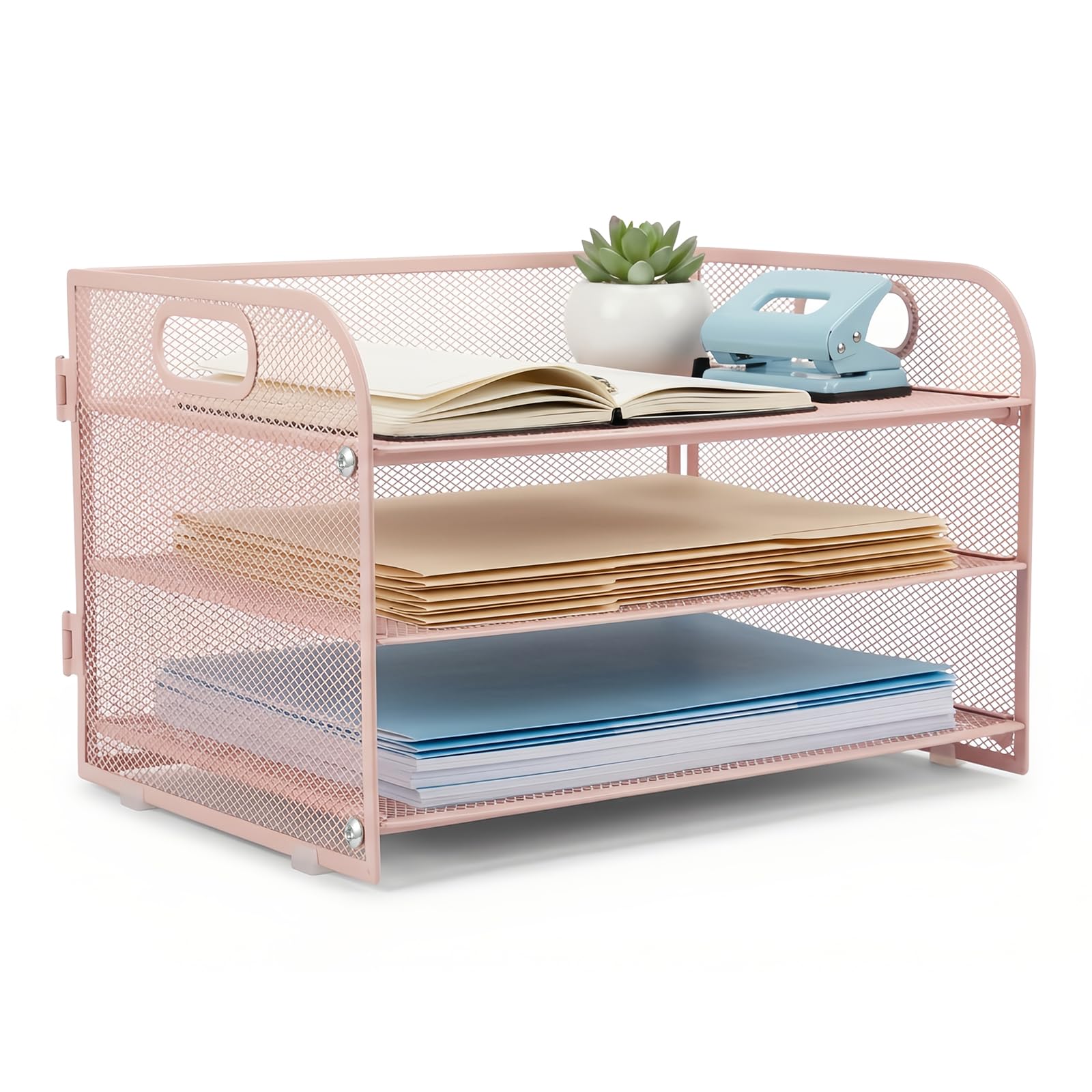 M.J COMFY-LIFE 3 Tier Paper Letter Tray with Handle, Metal Mesh Desk File Organizer for A4 Paper, Stackable Desktop Document Holder, Magazine Sorter for Home Office School Supplies (Pink)
