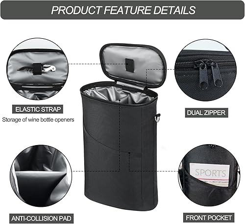 Miniatura 5 de bruwaa Bolsa enfriadora de vino para 2 botellas, a prueba de fugas, acolchada, con asa y correa de hombro ajustable, para viajes, degustación de