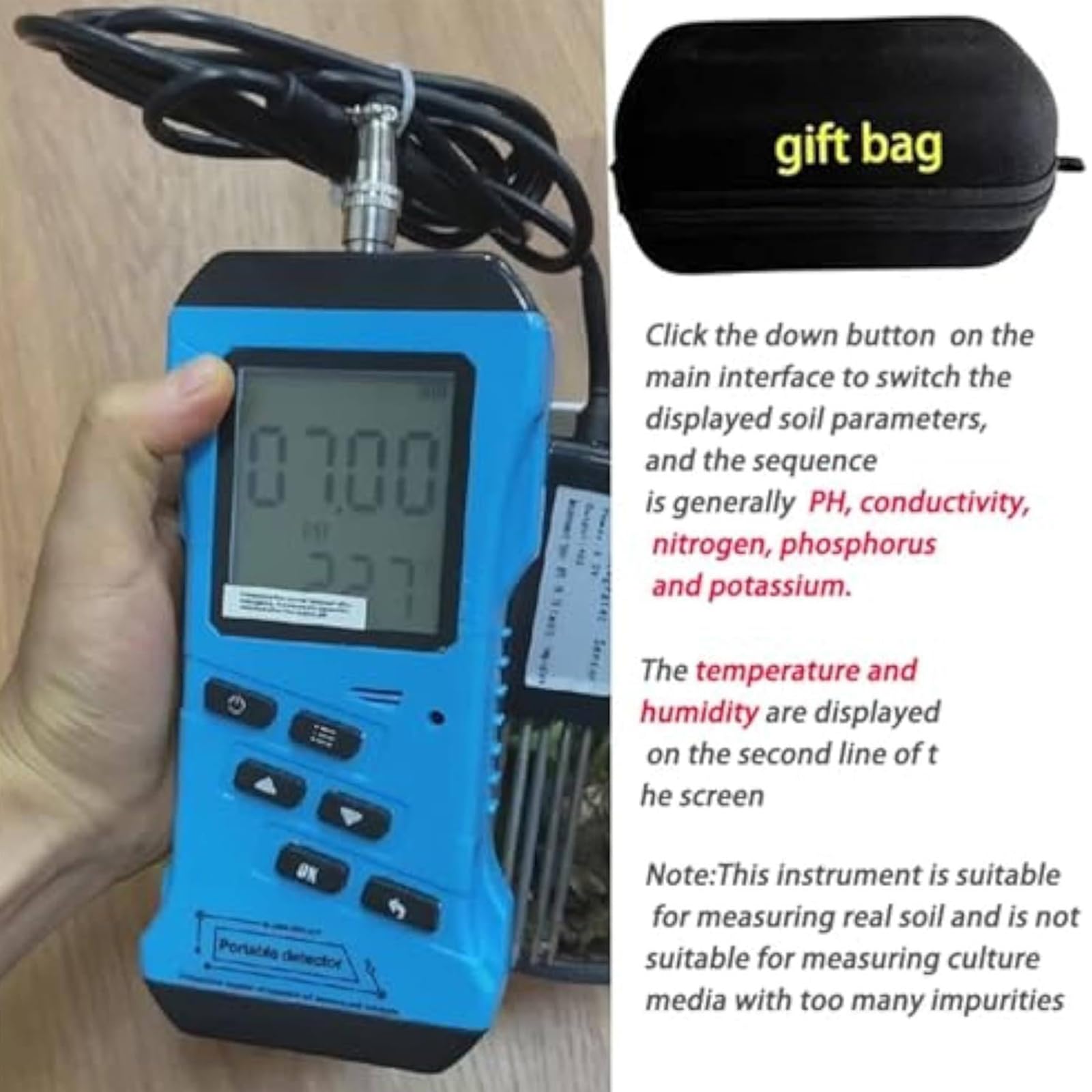 NPK Meter - Testeur de sol 7 en 1, mesure l'azote, le phosphore, le potassium, le pH, l'humidité, EC, haute précision pour tester la fertilité du sol dans les pelouses, les fermes, les jardins