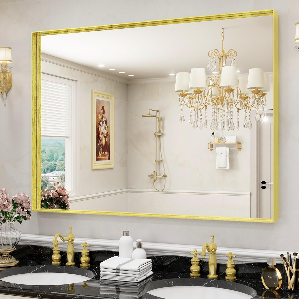 BEAUTYPEAK Bathroom Mirror 30" X 48" inch, Modern Deep Framed Mirror, Rectangular Wall Mounted Vanity Mirror for Bathroom, Bedroom, Living Room, Hangs Horizontally or Vertically, Gold