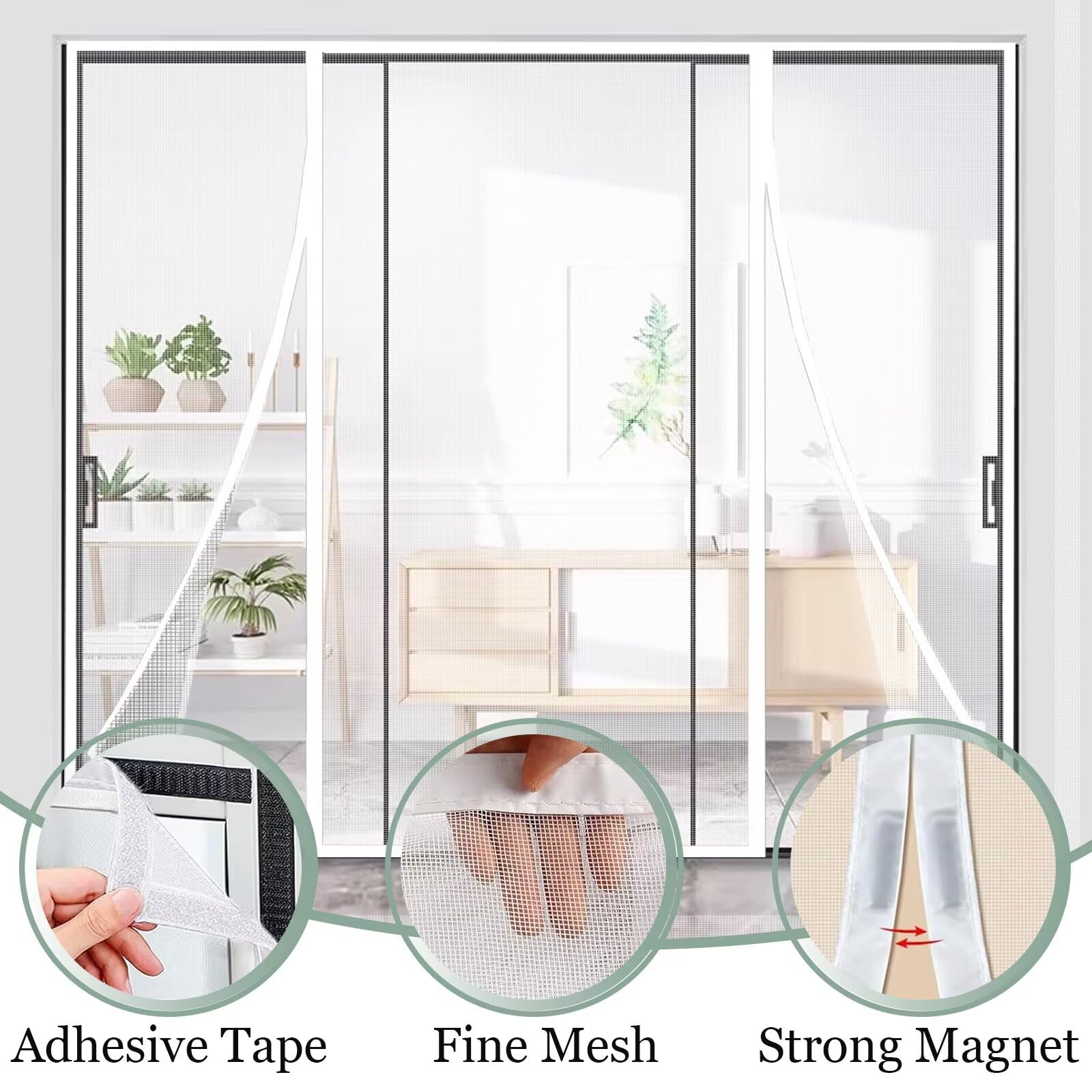 Moustiquaire Porte Fenêtre Aimantée 215x220cm Blanc Anti-mouches Rideau magnétique avec Ruban magique et fermeture à aimant pour espaces intérieurs extérieurs