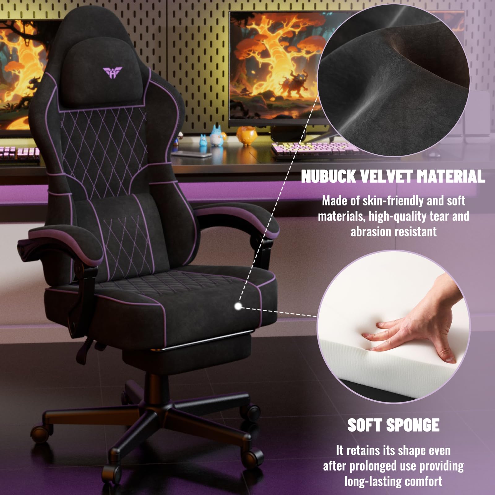 Soontrans Sedia da Gaming con Poggiapiedi, Sedia Gaming Ergonomica con Poggiatesta & Cuscino Lombare Massaggio, Pelle Scamosciata, Sedie Gaming per Youtube Livestreaming Playstation (Nero&Viola)