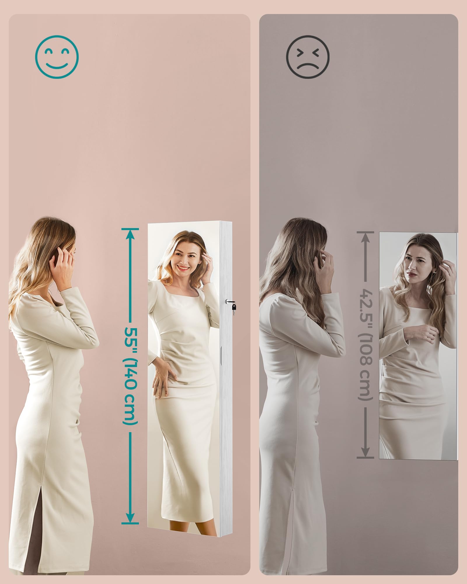 SONGMICS Szafka na biżuterię o wysokości 140 cm, organizer na biżuterię z podświetlanym lustrem wewnętrznym, szafka z lustrem montowana na ścianie lub drzwiach, zamykana, pomysł na prezent, chmurowa