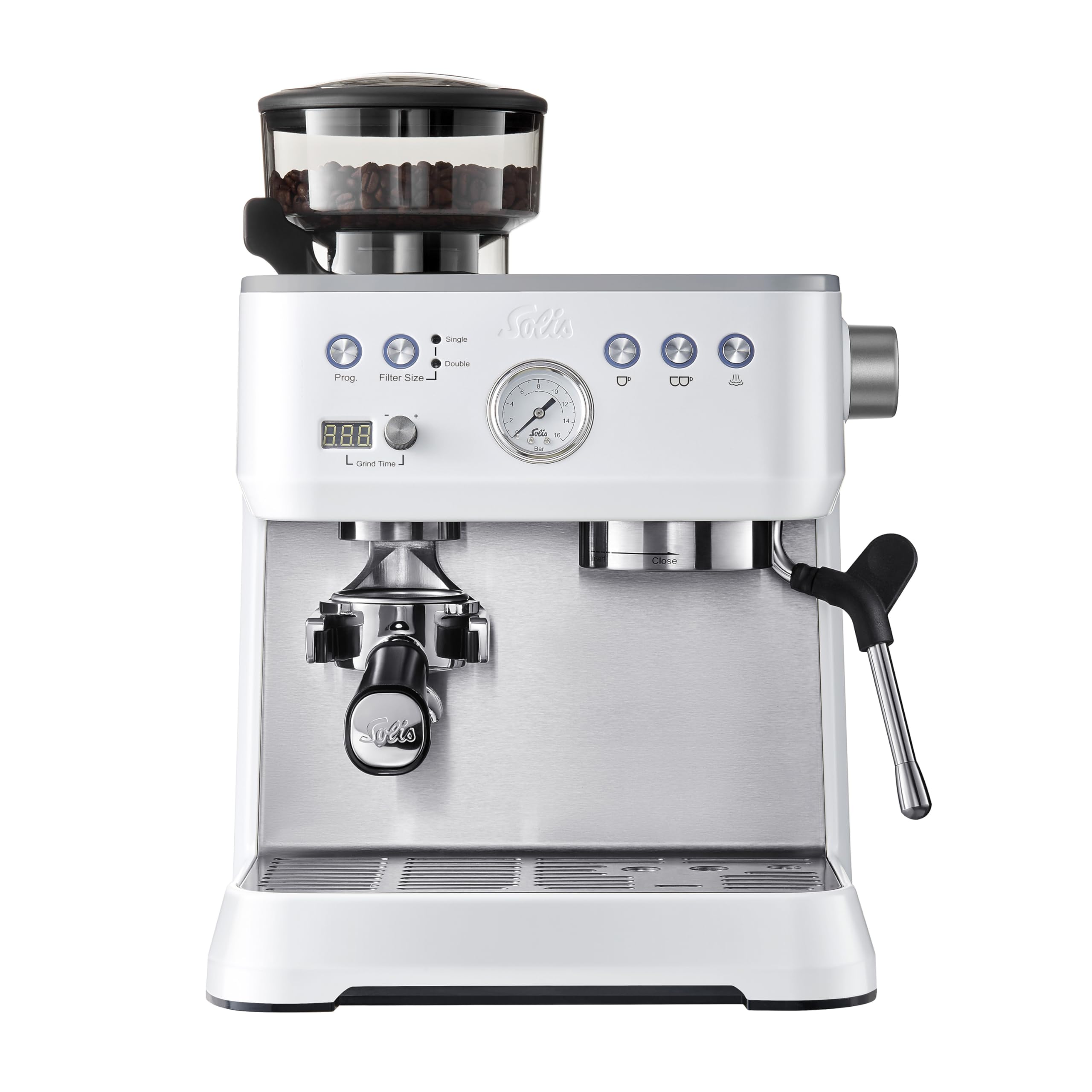 Solis Grind & Infuse Perfetta 1019 Siebträgermaschine - Kaffeemaschine mit Mahlwerk - Integrierte Zero Static Kaffeemühle - Espressomaschine mit Dampf- und Heißwasserfunktion - Edelstahl
