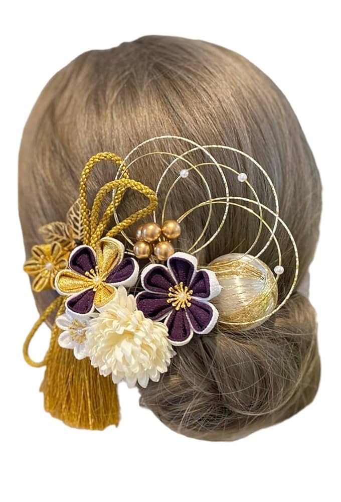 つまみ細工帯留め　帯飾り　紫　白　金　パール つまみ細工帯留め 紫 白 金 帯留め つまみ細工 花菱マルチカラー2