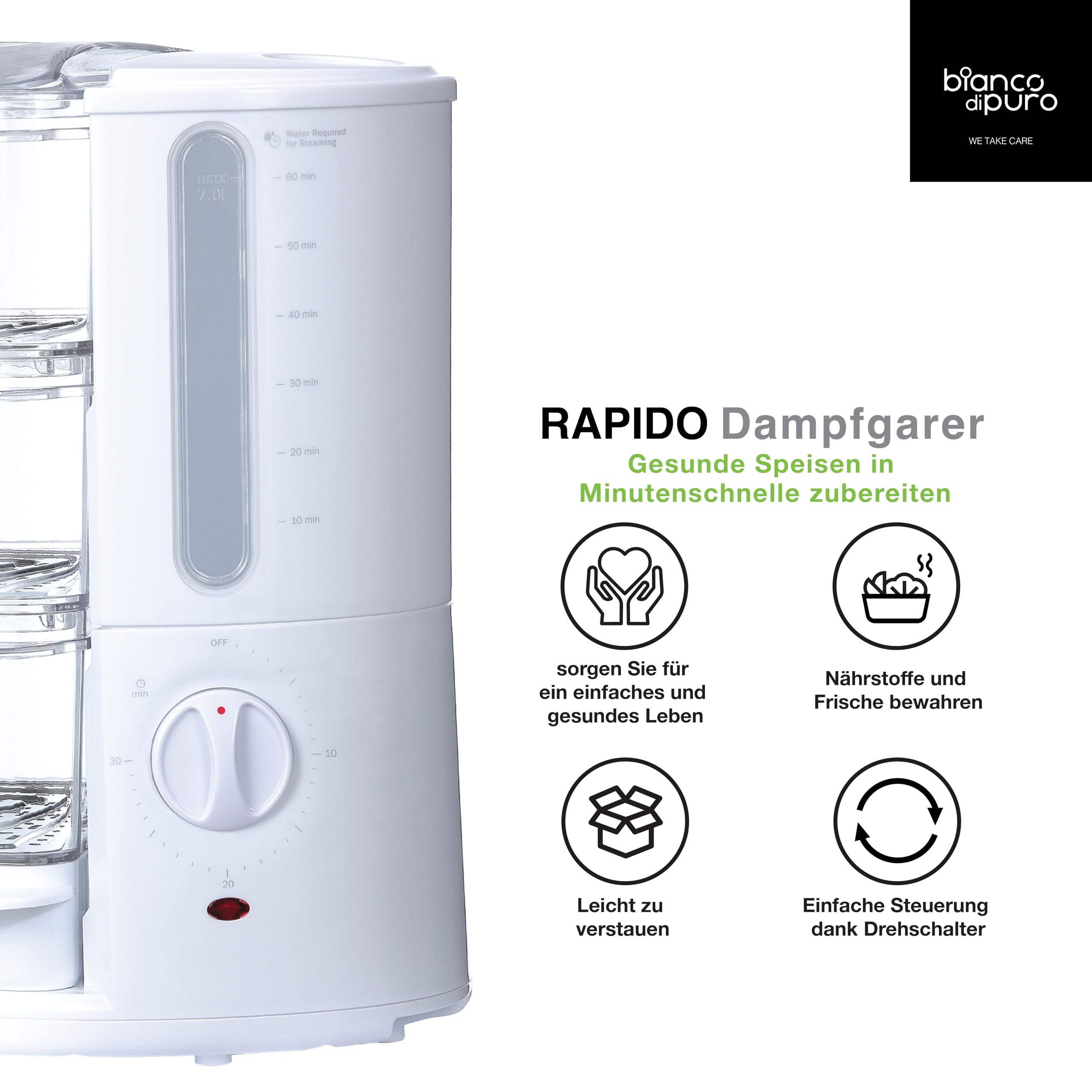 bianco di puro Dampfgarer Rapido 9L Edelstahl STRIX-Dampftechnologie 30 Minuten Timer Auto-Stopp BPA Free