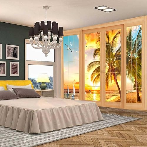 Miniatura 5 de FENDROM Tapiz de playa tropical, isla tropical, palmera, salida del sol, vista rústica, ventana para colgar en la pared, tapices de paisaje marino