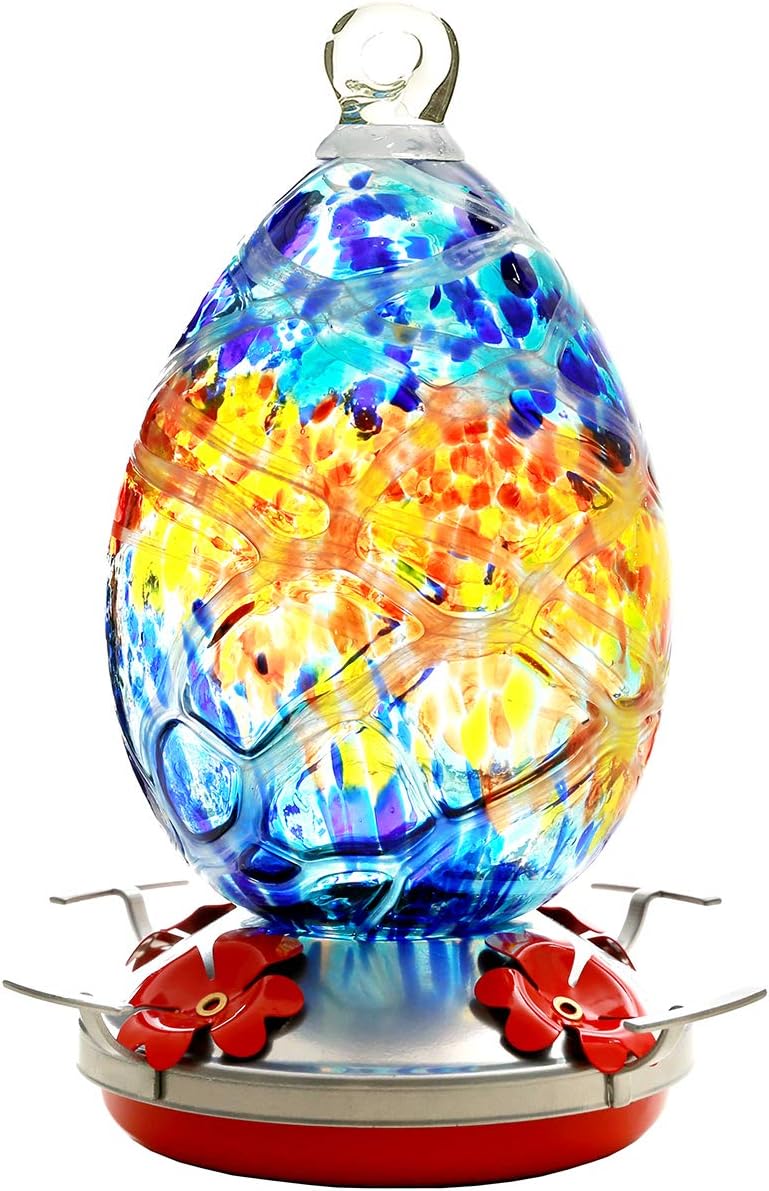 Premium Hummingbird Feeder for Outdoors, Glass Brand Humming Bird Feeders, Best Hand Blown Glass Bird Feeders, Leakproof 30 Ounces Nectar Capacity, Include Hook、Ant Moat、Rope、Brush. (Blue top)