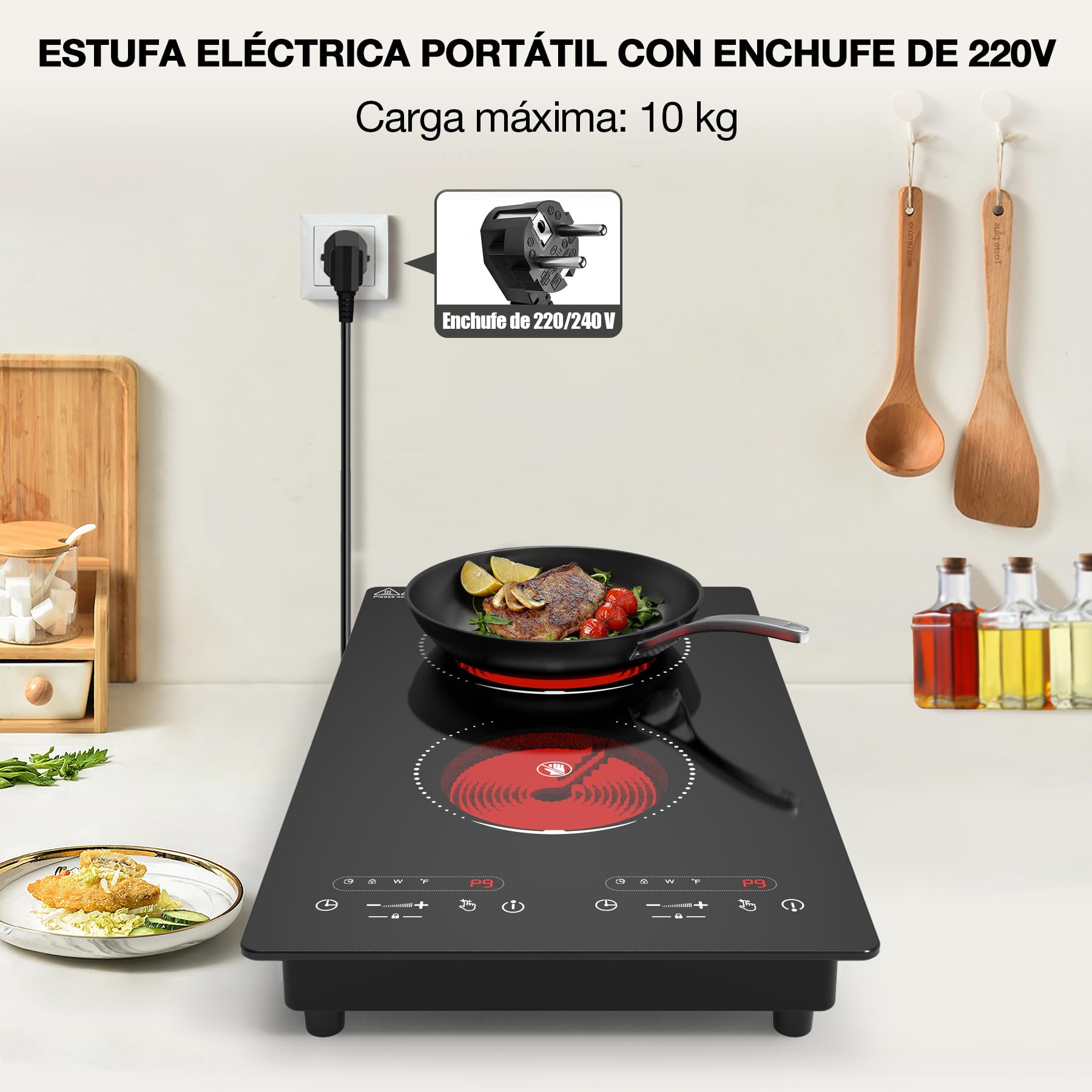 VBGK Placa Vitrocerámica 2 Fuegos con Enchufe, 3000W Placa Electrica Cocina Empotrable, 9 Niveles de Potencia, Temporizador, Bloqueo Niños, Compatible con Todos los Utensilios, 220-240V