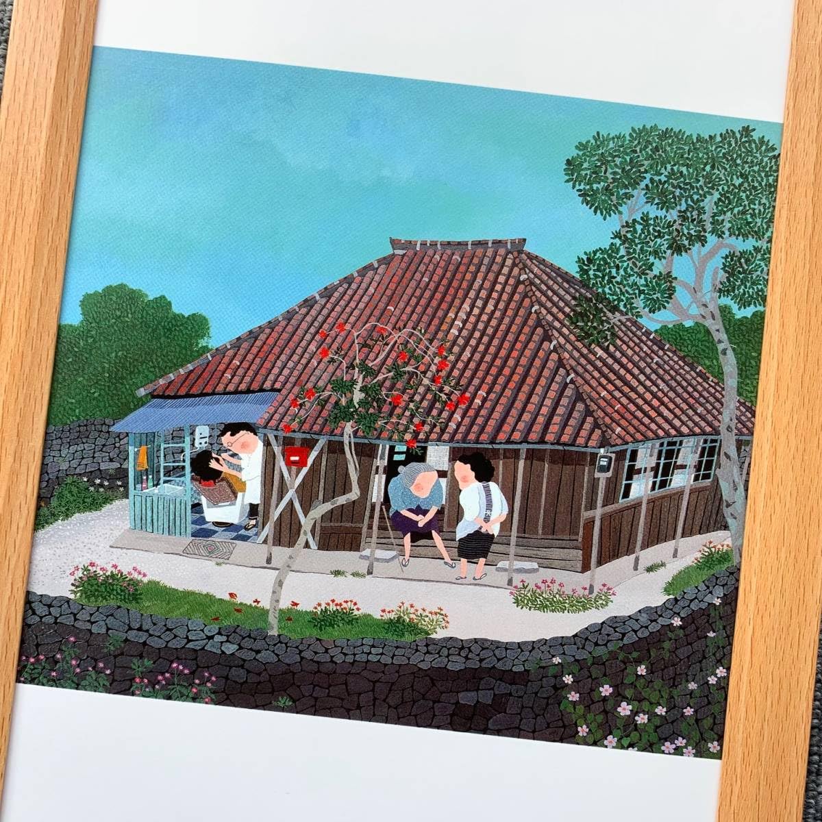 Amazon.co.jp: □原田泰治『島の床屋 沖縄県竹富町』B5サイズ 額入り