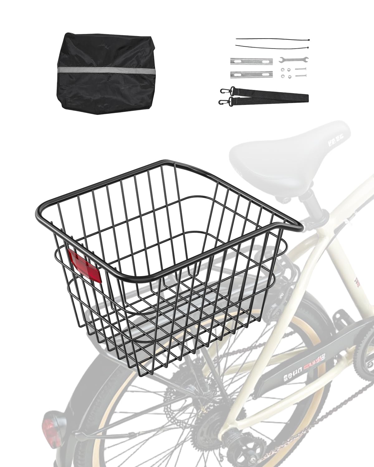 VEVOR Rear Bike Basket, Metal Wire Bicycle Basket with Reflective Tail Light & Waterproof Cover, Durable Bike Back Basket, Fits to Most Rear Bike