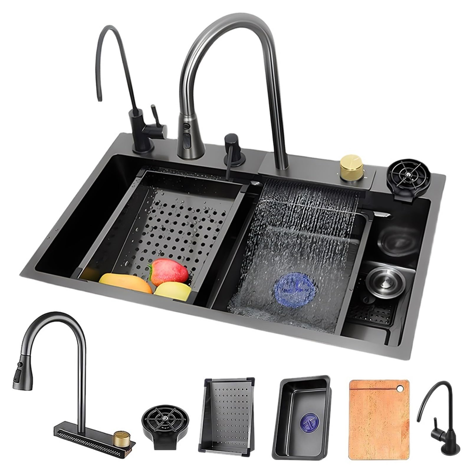 YADZISW Gold Stainless Steel Waterfall Kitchen Sink with Pull-Out Faucet Small Basin Cup Washer Drain Kits Nano Coated Farmhouse Workstation for Drop-In (Black 80x45x21cm)