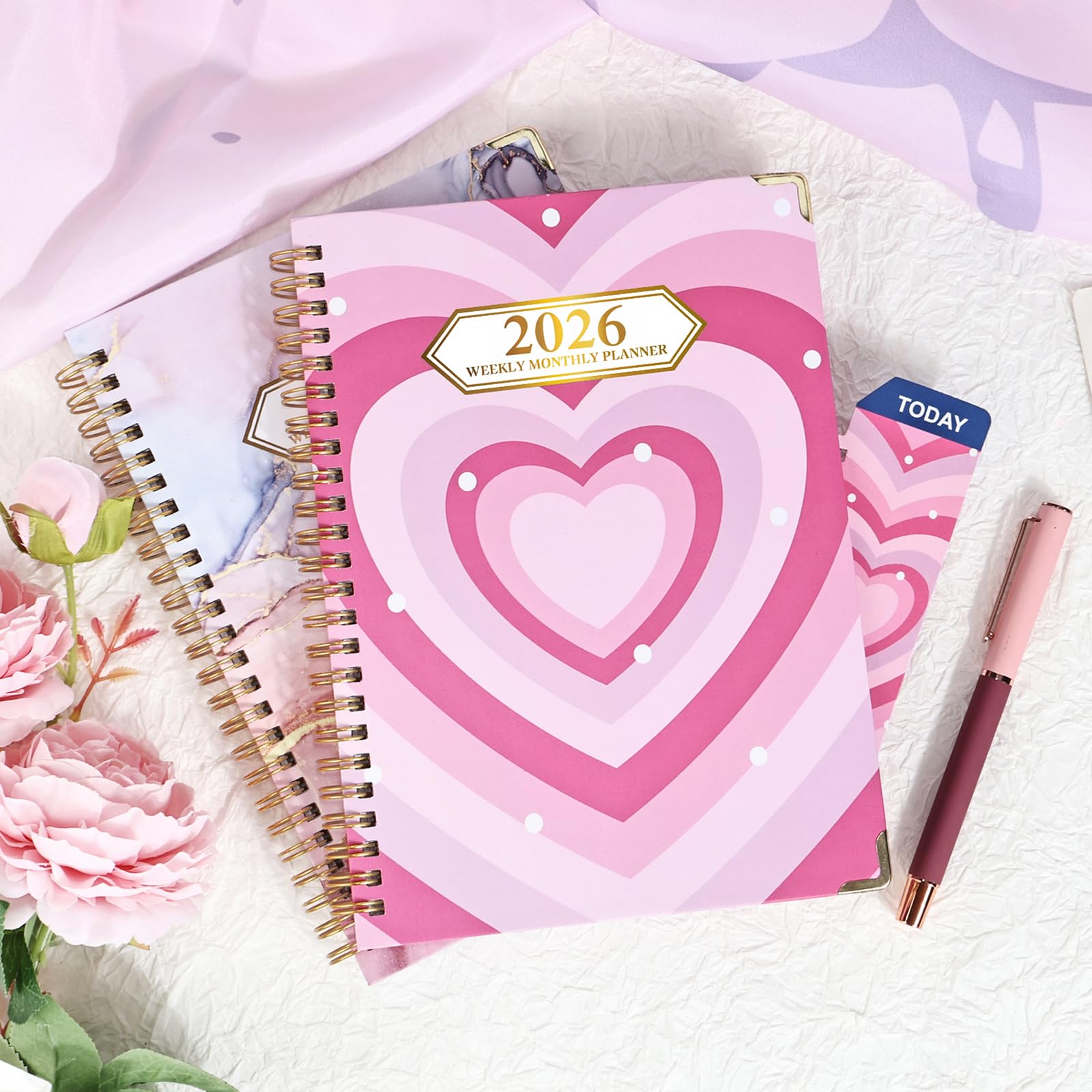 Knagsfa 2026 Planner, Jan.2026 - Dec.2026 Planner Weekly and Monthly 6.25"x8.5" with Page Tabs, Calendar Hardcover with Inner Pocket, Elastic Band, Twin-Wire Binding, Bookmark, Pink Big Heart - Image 2