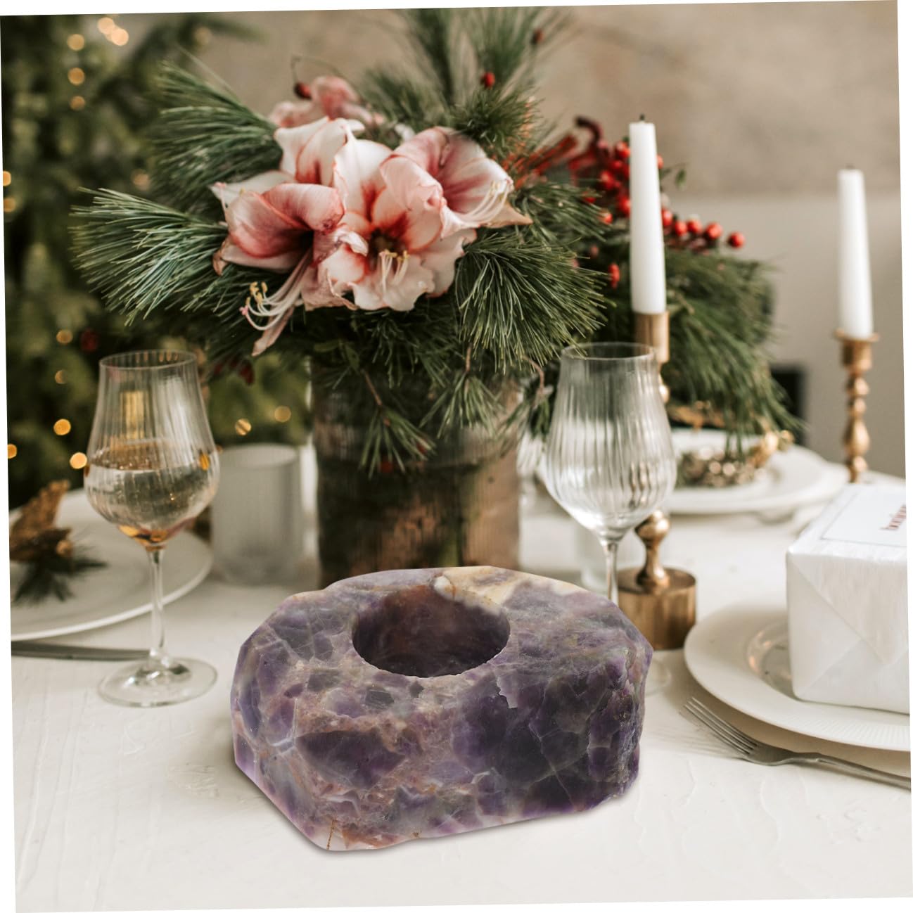 LIFKOME Candelabro de Cristal Púrpura para Velas Aromáticas Bordes Rugosos y Base Natural, Adecuado para Decoración Navideña y Reuniones Familiares