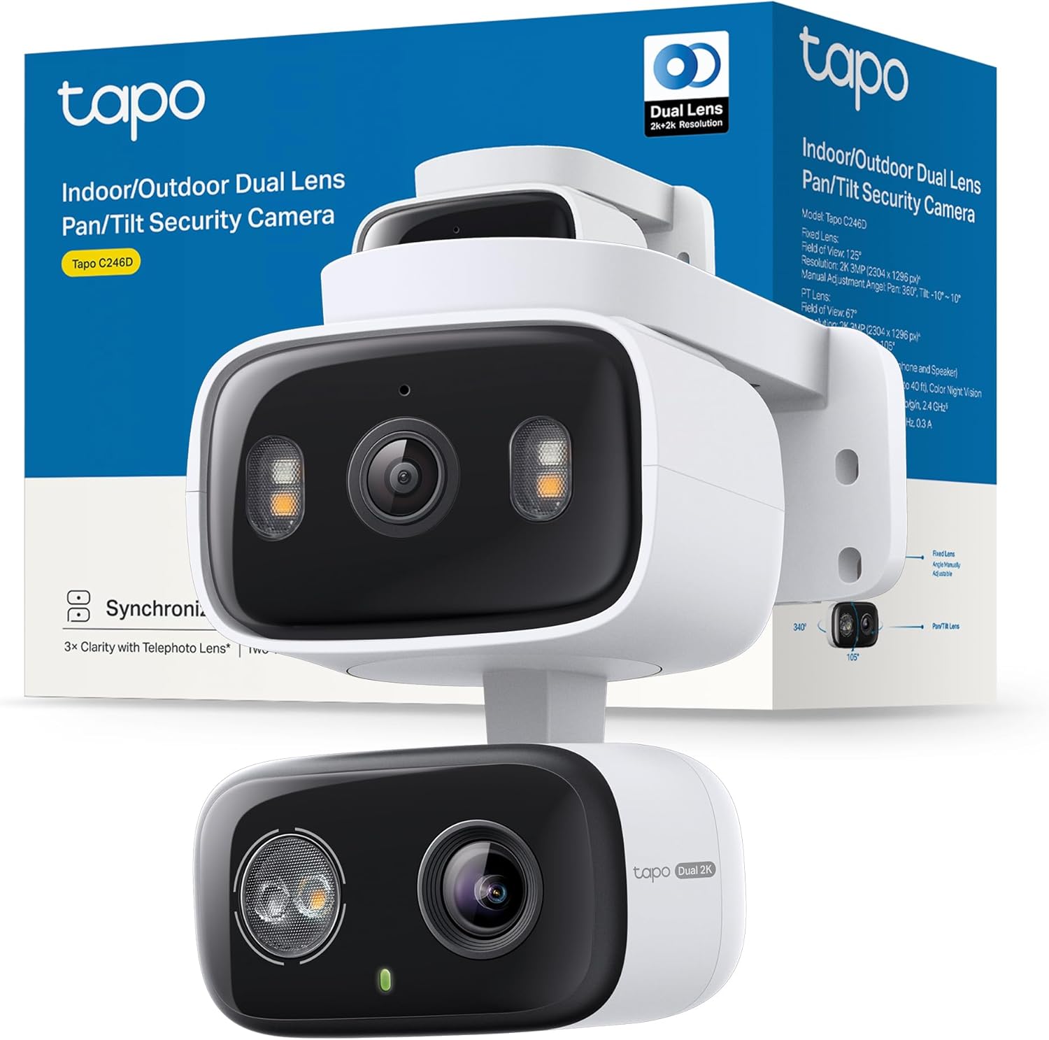 Tapo C246D Cámara de vigilancia WiFi para exteriores con lente dual 2K, gran angular de 125° y teleobjetivo de 6 mm, seguimiento inteligente, detección de IA gratuita, visión nocturna en color