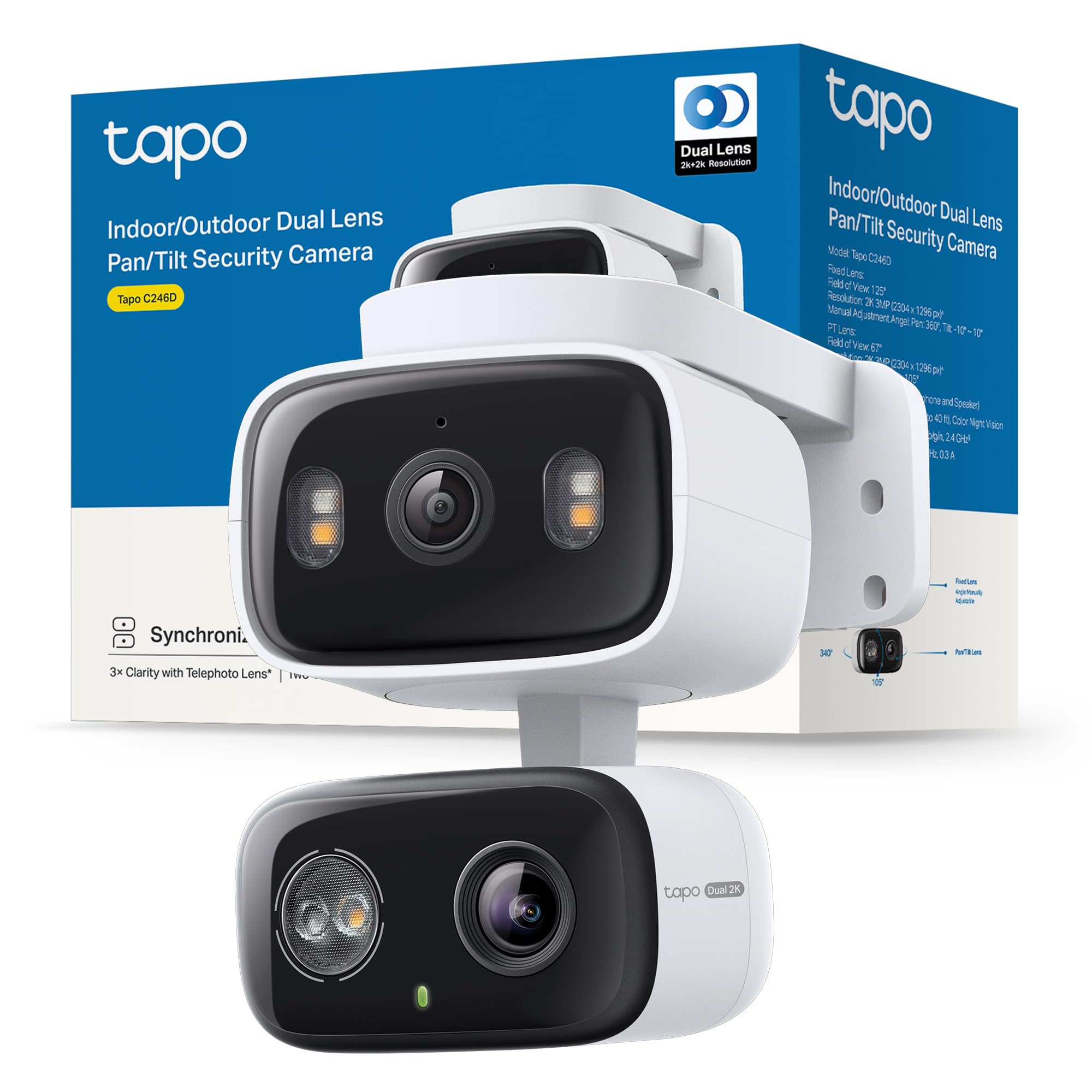 Tapo C246D - Cámara de vigilancia WiFi Exterior con Doble Lente 2K, Gran Angular de 125° y teleobjetivo de 6 mm, Seguimiento Inteligente, detección de IA Gratuita, visión Nocturna en Color Certificado ClimatePartner