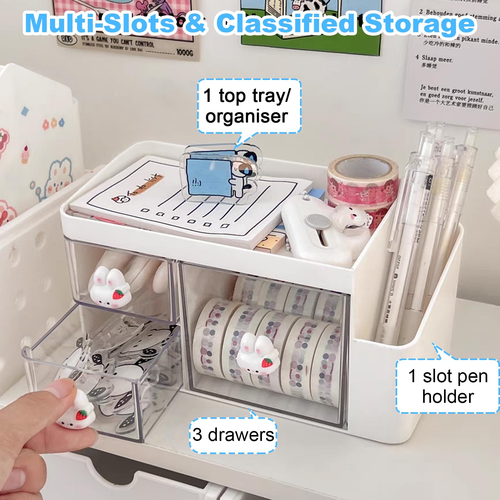 Marte Vanci Desk Organiser with 3 Drawers, Cute Desktop Tidy Stationery Organiser with Pen Holder - Image 3