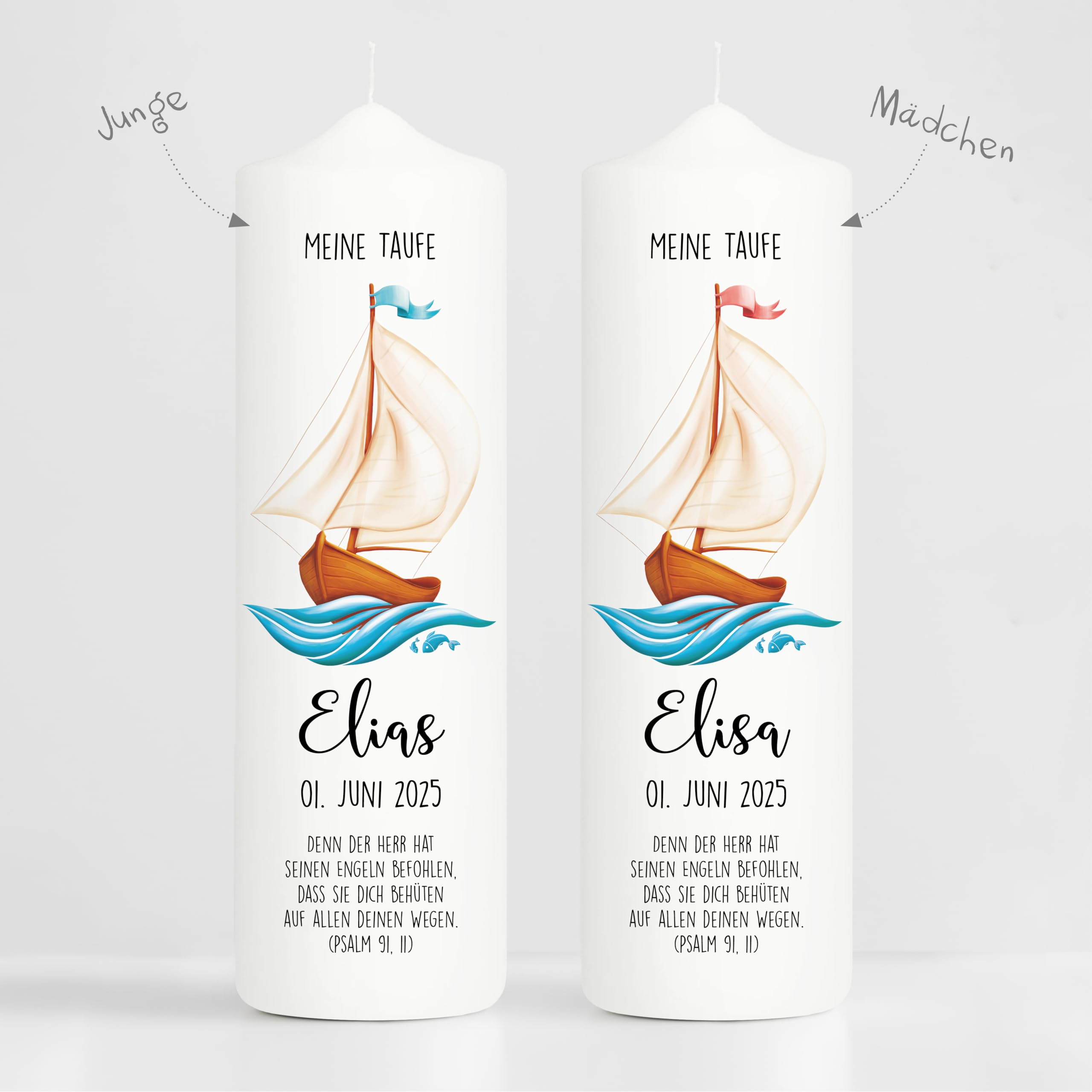 Wandtattoo Loft Taufkerze + Patenkerze Junge Motiv mit einem Boot Schiff, 25 cm x 7cm, personalisierte Kerze, bedruckte Kerze zur Taufe, Stumpenkerze, individuelles Taufgeschenk