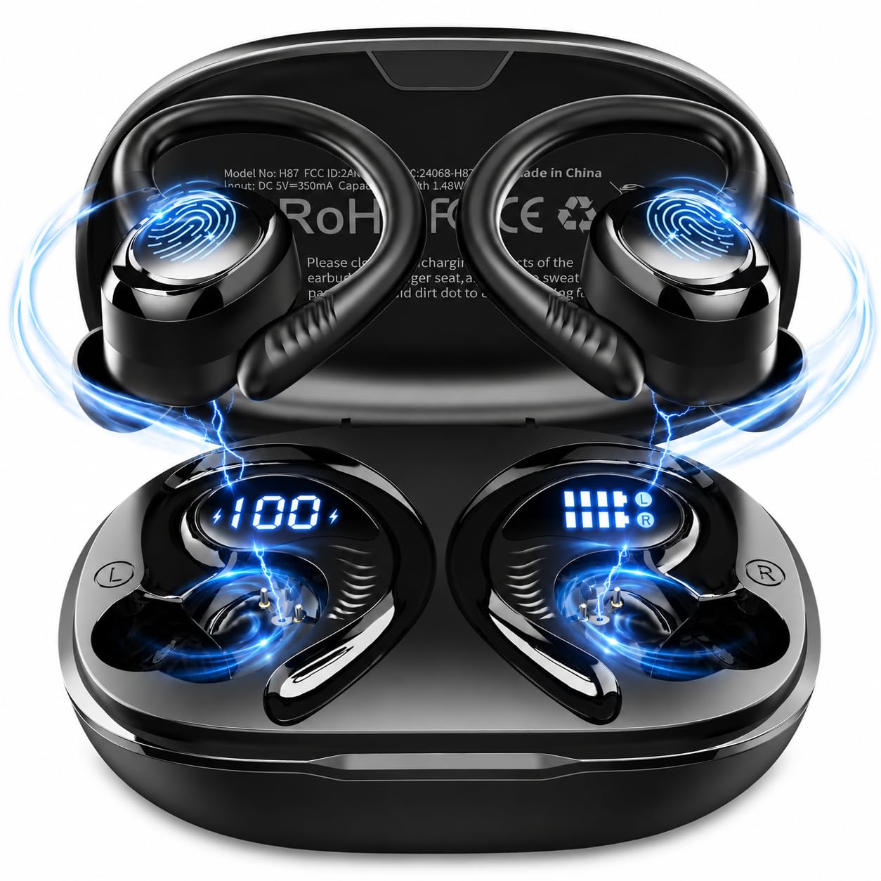Ecouteurs Bluetooth sans Fil Sport, Écouteur Bluetooth 5.4 avec HiFi Stéréo, 4 ENC Mic, 60+Hrs Ecouteurs sans Fil, IP7 Étanche Oreillette Bluetooth Running, USB-C/Écran LED Casque, pour iOS Android
