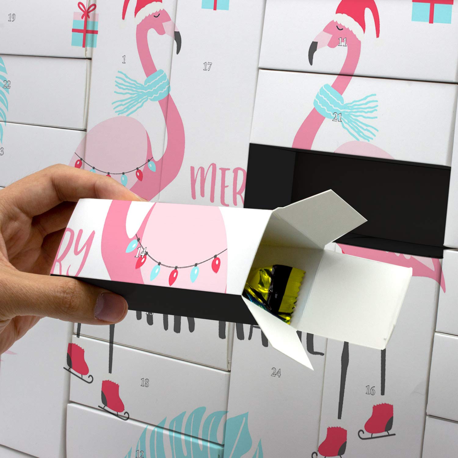 printplanet - Adventskalender mit 24 Schachteln zum selbst befüllen - mit eigenem Namen personalisiert - Motiv Flamingo individuell Gestalten.