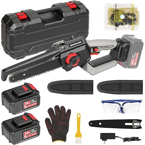 8 Inch Mini Chainsaw, 1150W 5000RPM Brushless Handheld Electric Chain Saw with Chain Guide Plate 2x3.0A Batteries And Other 6 Accessories