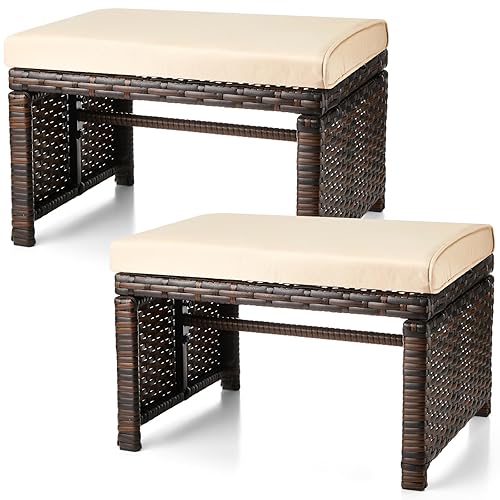 2 Pcs Patio Rattan Ottomans Outdoor Wicker Ottomans Patio Footstool