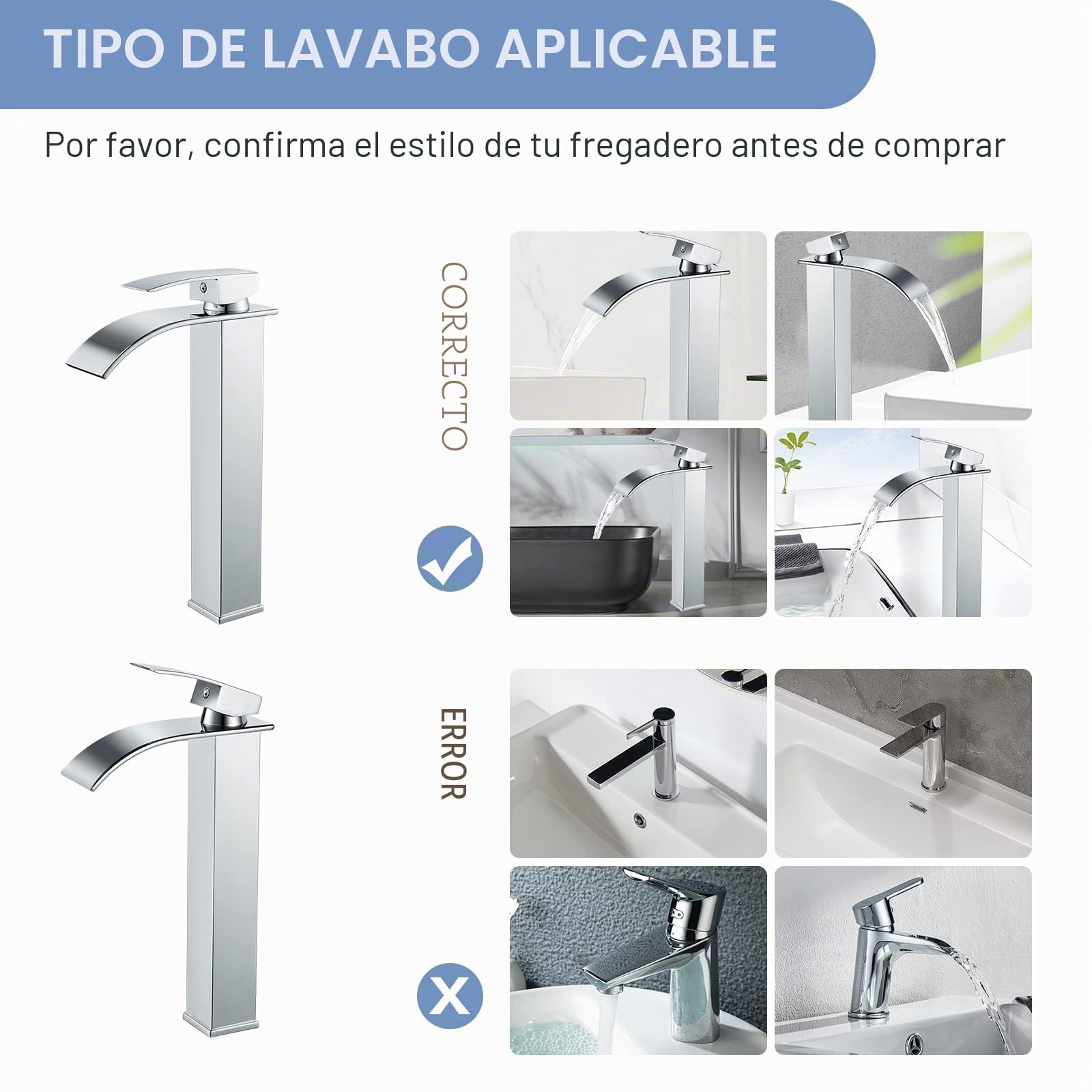 Grifo de Lavabo Alto Cascada Moderno, Mezclador Monomando Lavabo con Prima Valvula de Ceramica, Grifo de Baño Alto Cascada, Agua Fria y Caliente Disponible, Latón Cromado | Monomando, cartucho cerámico, agua caliente/fría, conexión G3/8, flexible 60 cm in