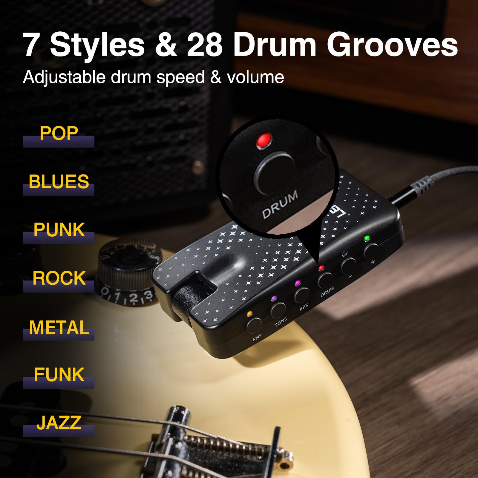 Amplificateur de casque LEKATO pour guitare électrique et basse, avec 28 rainures de batterie, 14 effets, modèles 14 A, streaming Bluetooth intégré, enregistrement OTG, rechargeable par USB