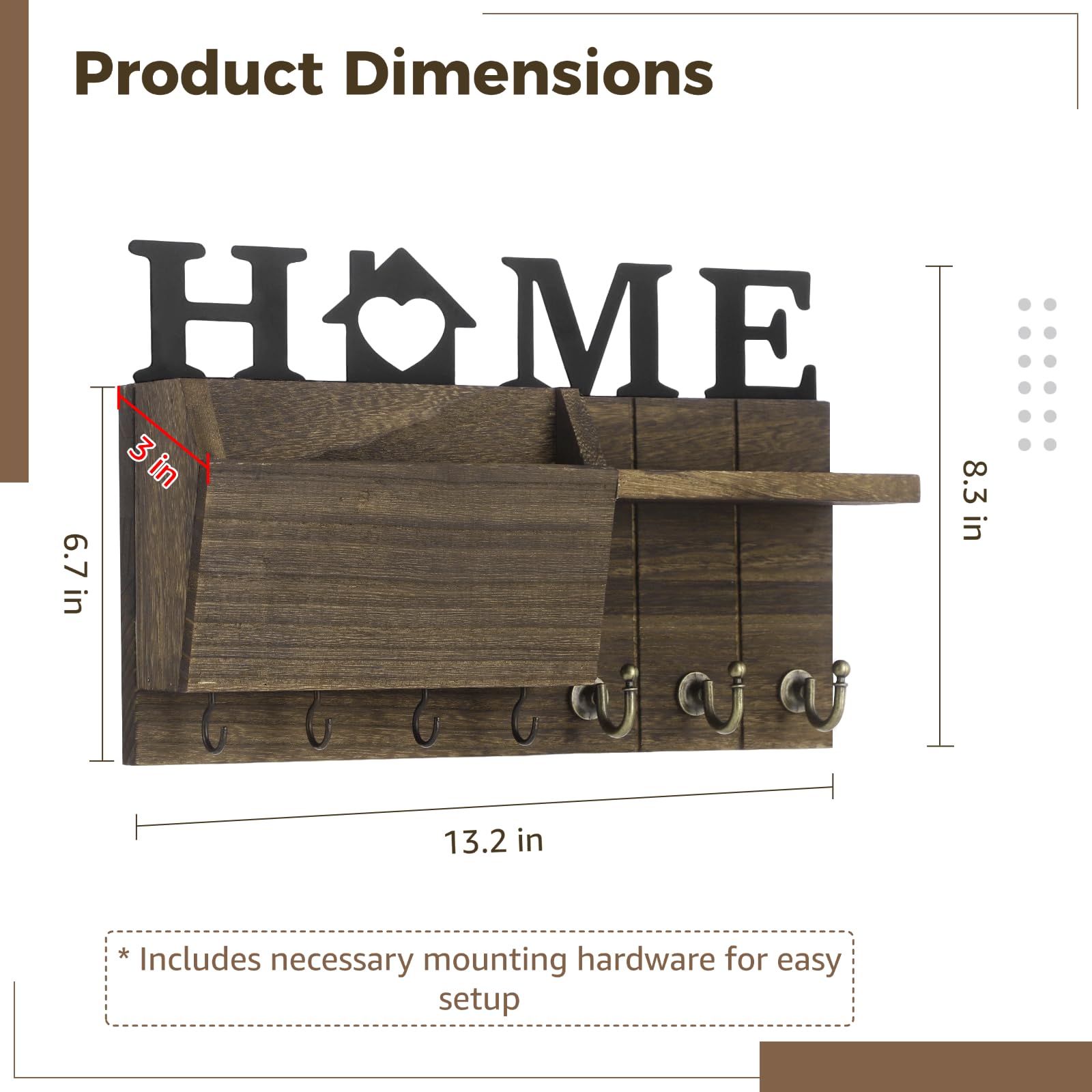 Generisch Schlüssel- und Briefhalter für die Wand, wandmontierter Schlüsselhalter, Briefsortierer im Landhausstil mit Ablage und 7 Haken, Holz Organizer für Flur, Küche und Eingangsbereich